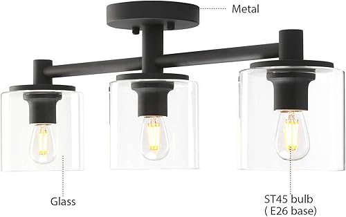 Miniatura 5 de Pathson Lámpara de techo semiempotrada de 3 luces, lámpara colgante industrial con pantalla de cristal, lámpara de techo para pasillo, loft, cocina,