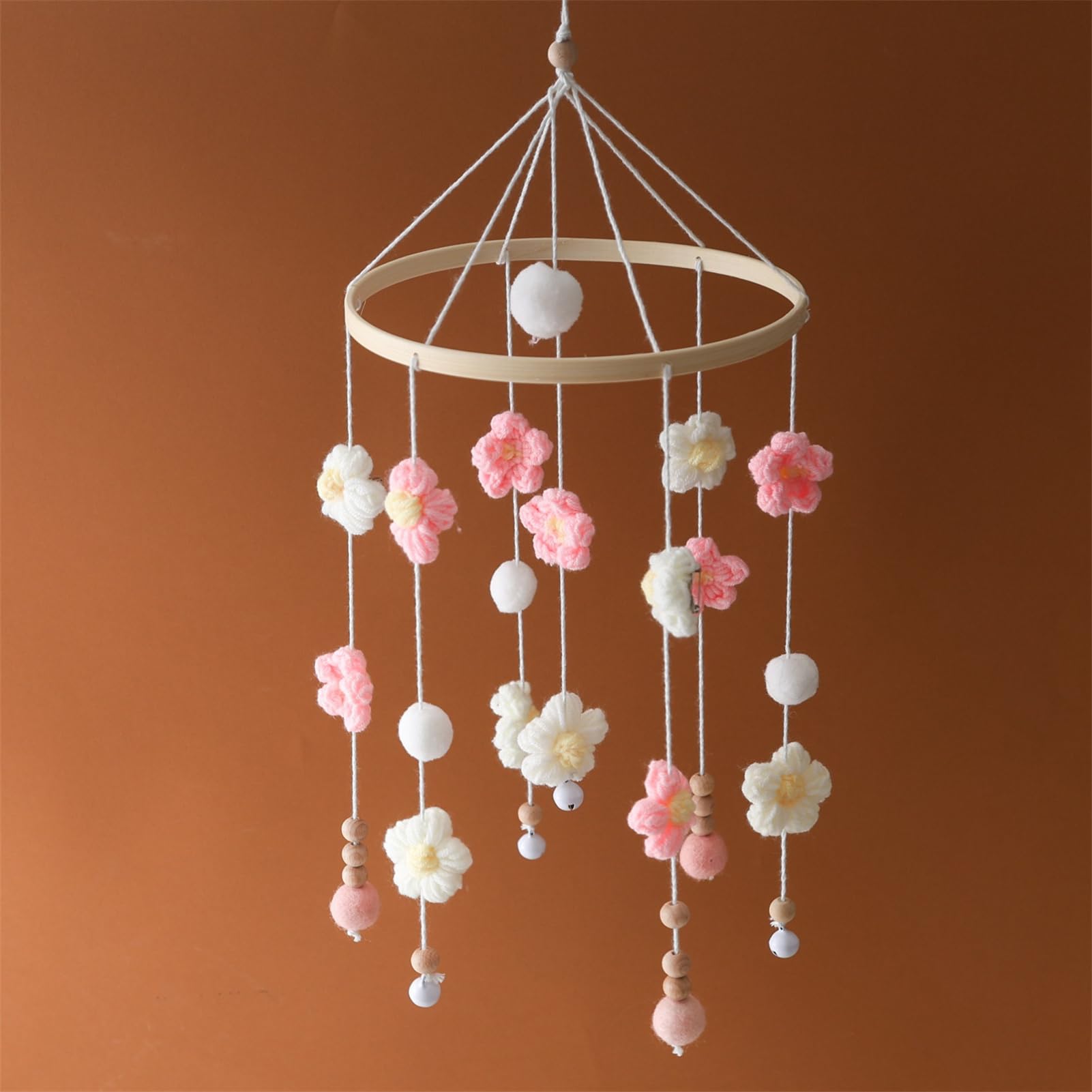 Ueiwffzo Crocheted Flowers Mobile Baby Cot Wind Chime Bed Bell Baby Mobile Pendant BChanging Table Ornament for Baby Room Decor Boys and Girls (Pink)
