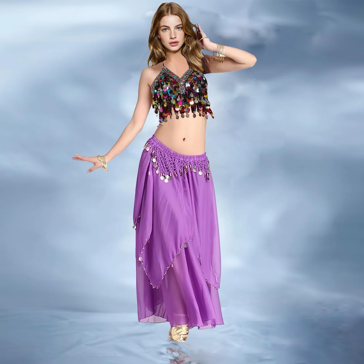 Women's Chiffon Belly Dance Costume Skirts Indian Dance Skirt with Coins - Image 7