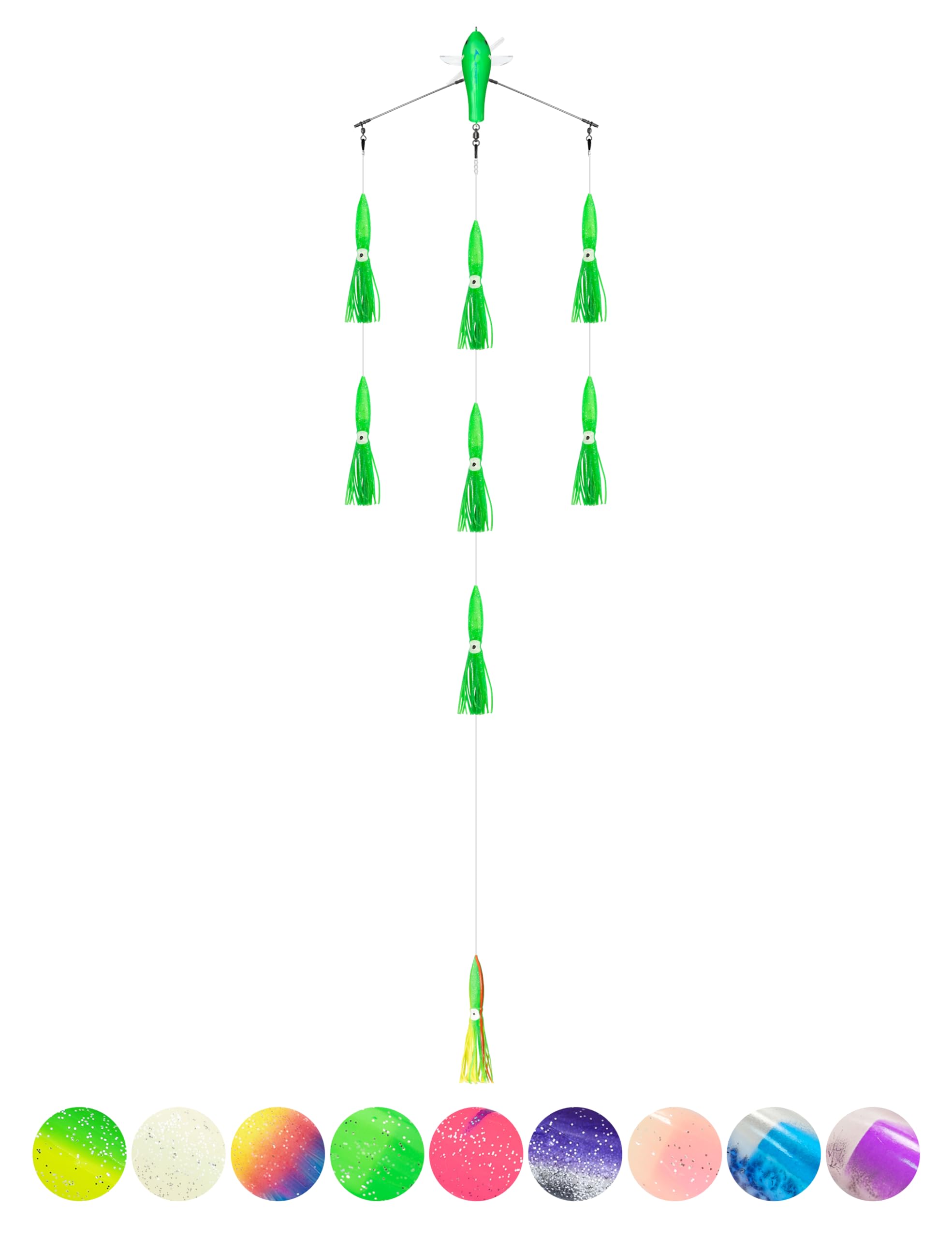 BLUEWING 18" Upgraded Fishing Spreader Bar Starboard Walker Offshore Trolling Spreader Bar with 9" Bulb Squids and 316 Stainless Steel Rod for Wahoo Tuna Marlin Mahi Mahi, Green โ image 1