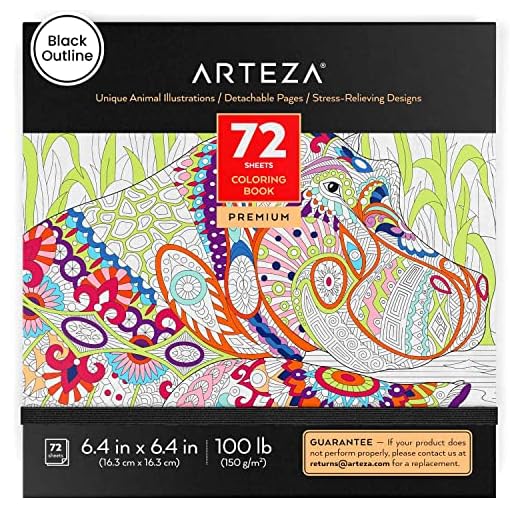 Arteza Libro de colorear para adultos con dibujos de animales, contornos negros, 72 páginas para relajarse, aliviar el estrés y la ansiedad en adultos y adolescentes, para meditación y mindfulness