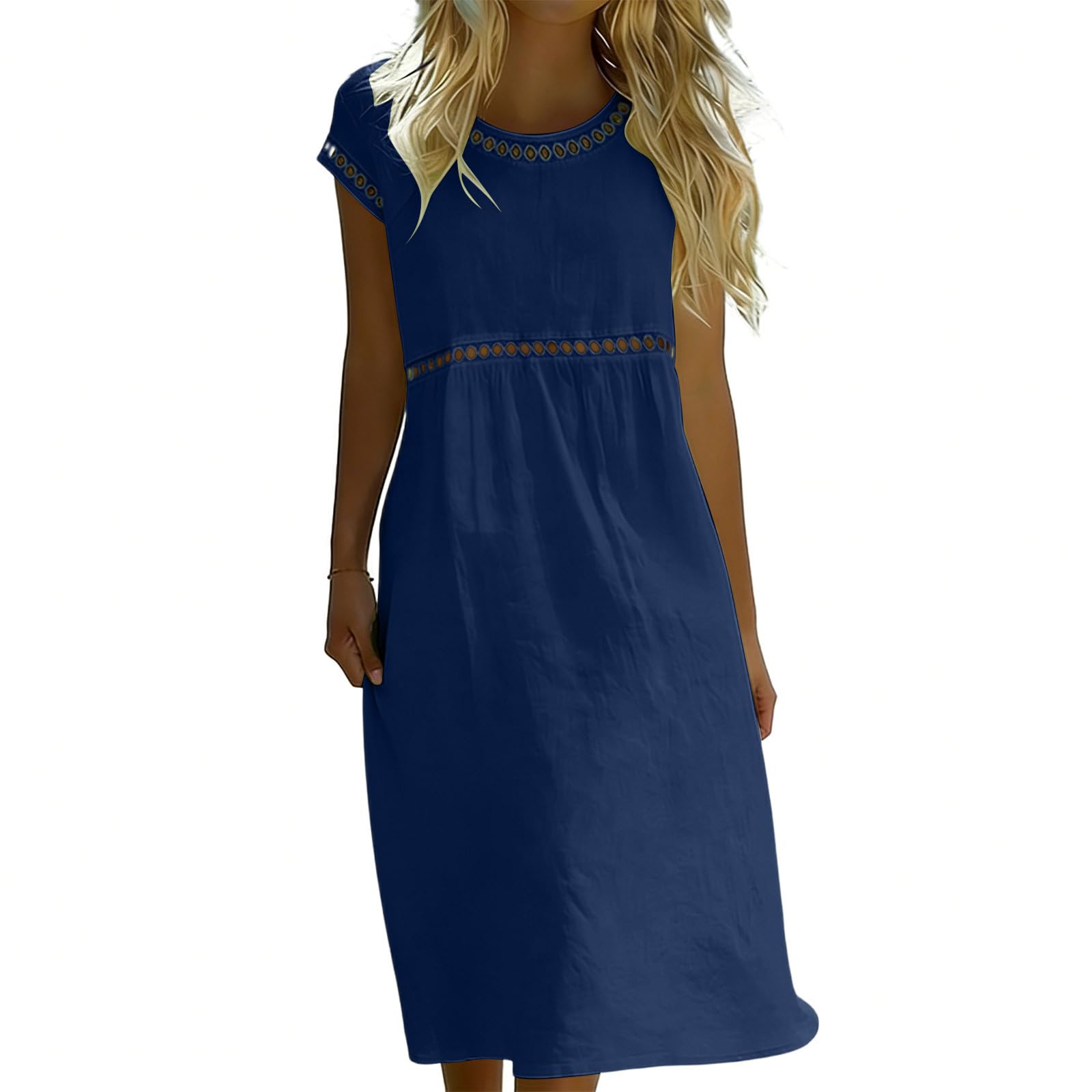 Générique Robe Femme Chic D'Été en Lin Coton Robe Ajourée Respirant Manches Courtes Col Rond Robes Tunique Decontractée Casual Dress Droite Robes de Soiree Plage Confort Léger Dress
