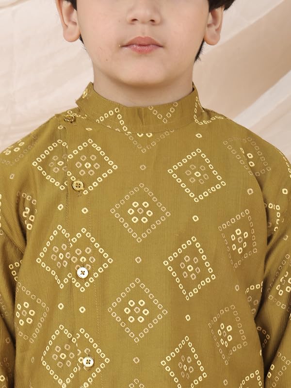 Image of superminis Boy's Golden Foil Printed Side Open Cotton Kurta, Round Collar, Full Sleeves Ethnic Wear Dhoti Kurta Set