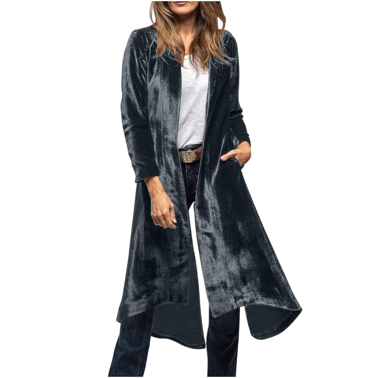 HGps8w Womens Vintage Velvet Open Front Cardigan Split Back Long Blazer Suit Jackets Sports Coat Flowy Outerwear