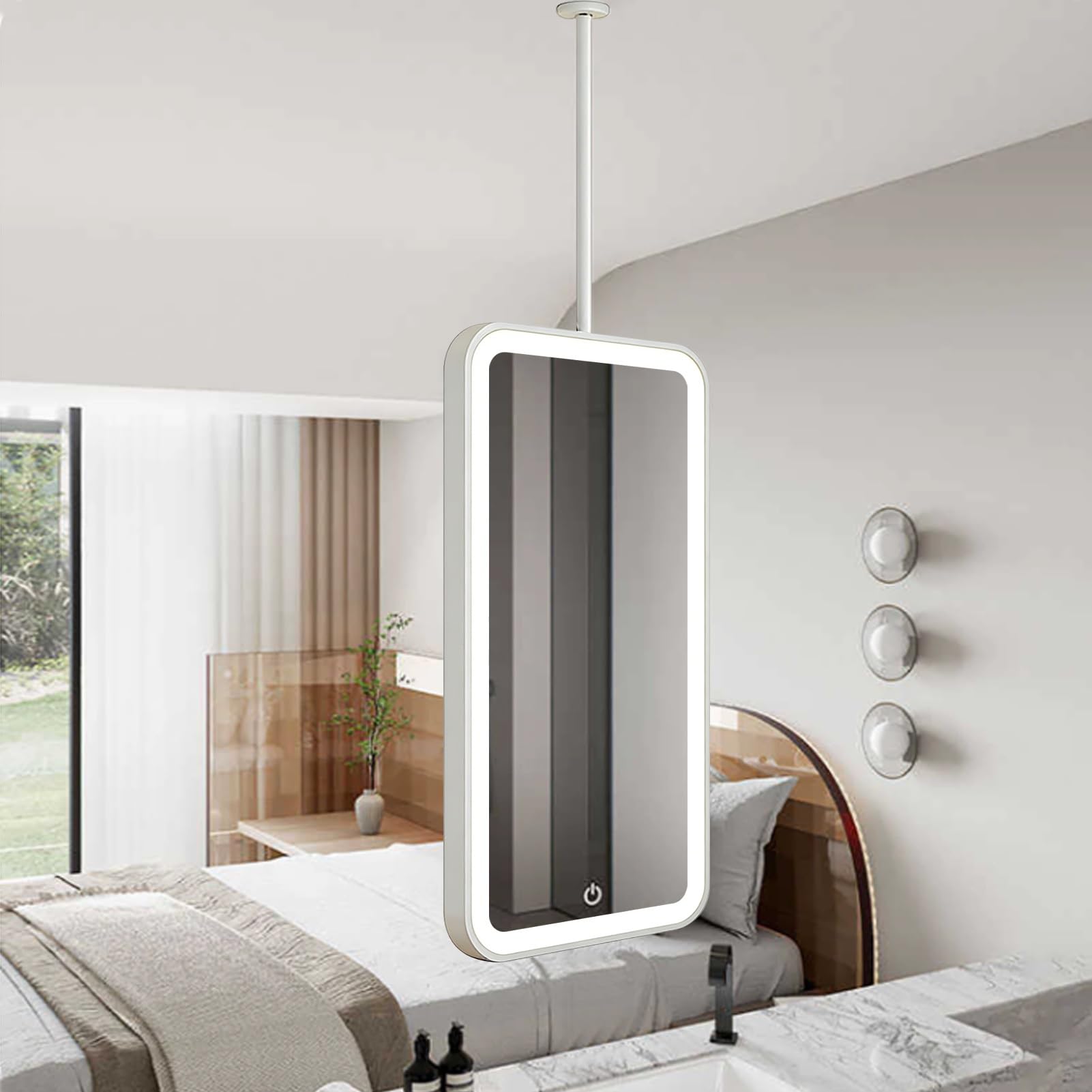 Miroir de maquillage personnalisable blanc avec tige métallique pivotante