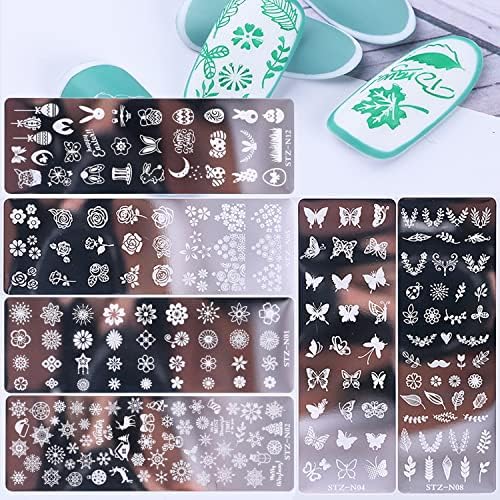 W-L 6 Sheets Rose Nail Stamper Template Plates Kit with 1 Silicone Scraper Butterflies Leaf Flower Snowflakes Patterns Winter Decoration for Art Designer Women Stencil Supplies