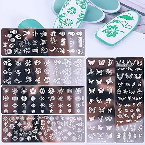 W-L 6 Sheets Rose Nail Stamper Template Plates Kit With 1 Silicone Scraper Butterflies Leaf Flower Snowflakes Patterns Winter Decoration For Art Designer Women Stencil Supplies #TOP19