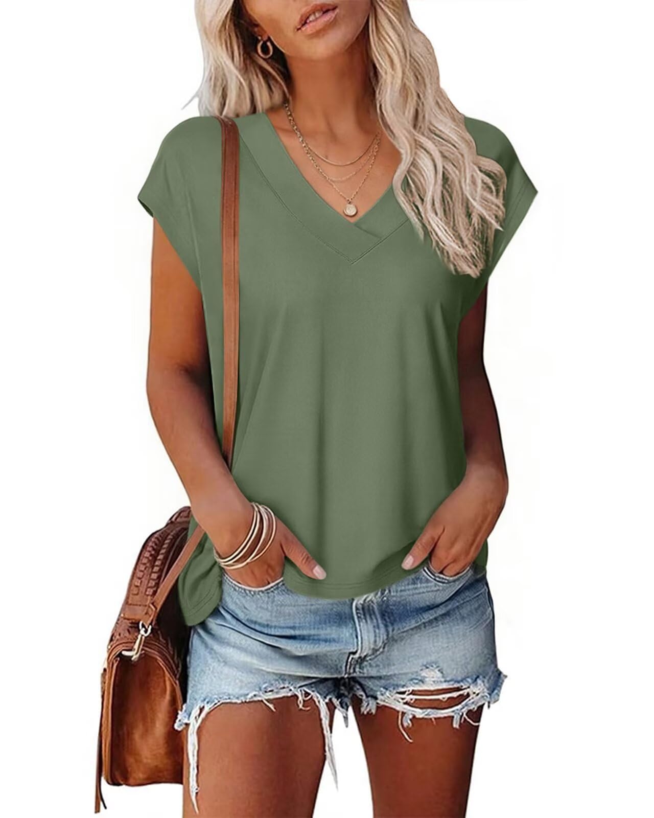 Tanmolo Damen T-Shirt Oberteile Top Sommer mit Flügelärmeln & Metallring-V-Ausschnitt Elegant Casual Shirt Bluse für Freizeit und Alltag