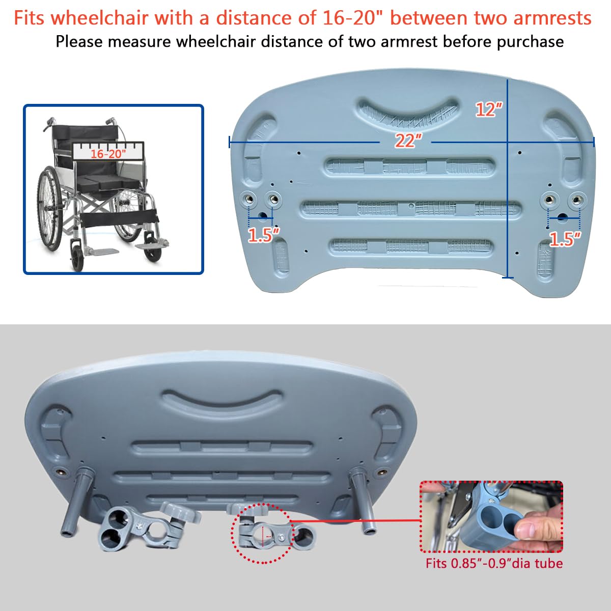 Mesa con bandeja para silla de ruedas, mesa extraíble para silla de ruedas, ayuda para comer para pacientes lactantes, se adapta a brazos de silla de ruedas de 16 a 20 pulgadas (gris)