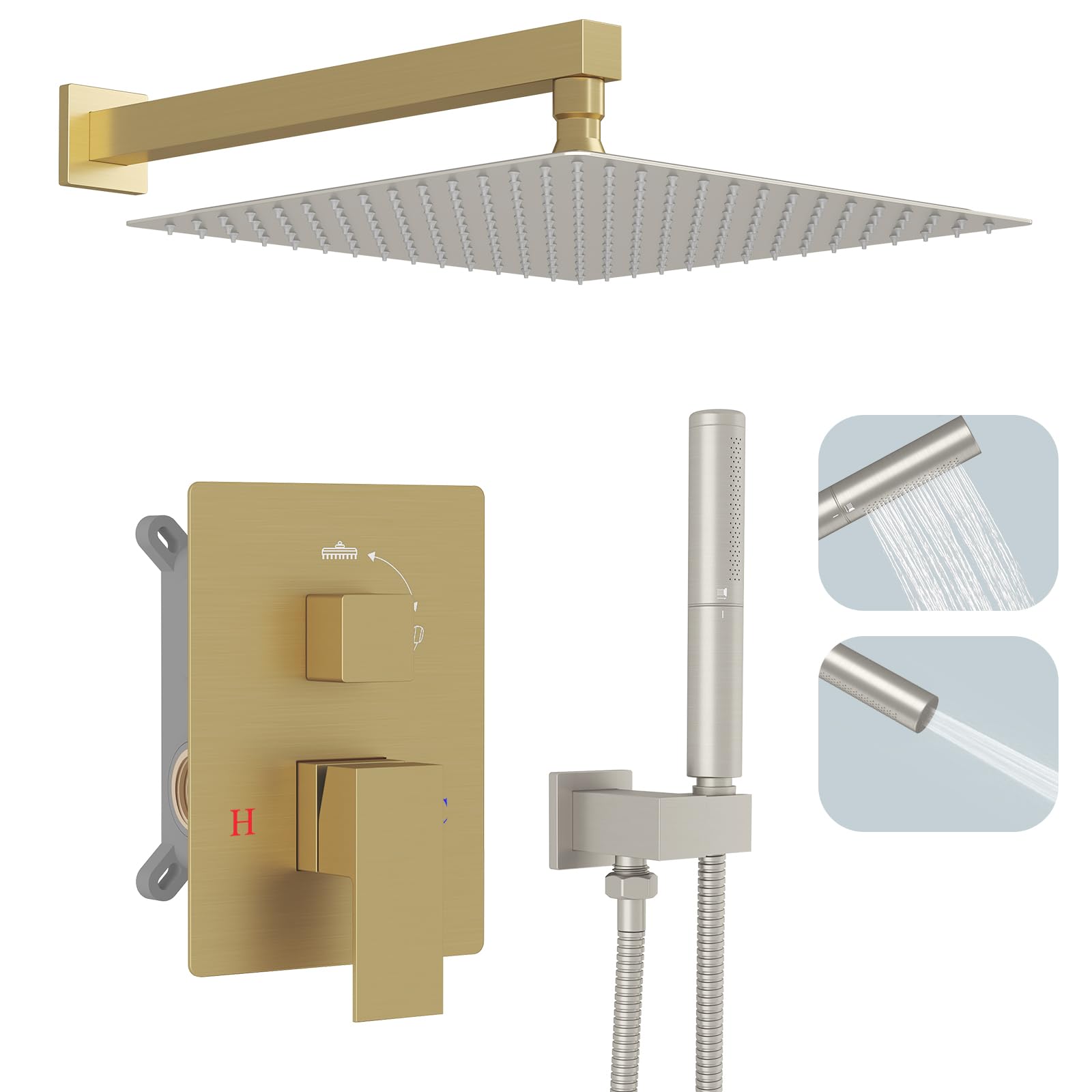 Hoimpro System prysznicowy z deszczownicą 30 cm, wysokociśnieniowe głowice prysznicowe i ręczny zestaw 2-natryskowy combo, zestaw kranów prysznicowych, kompletny zestaw zaworów i wykończeń do