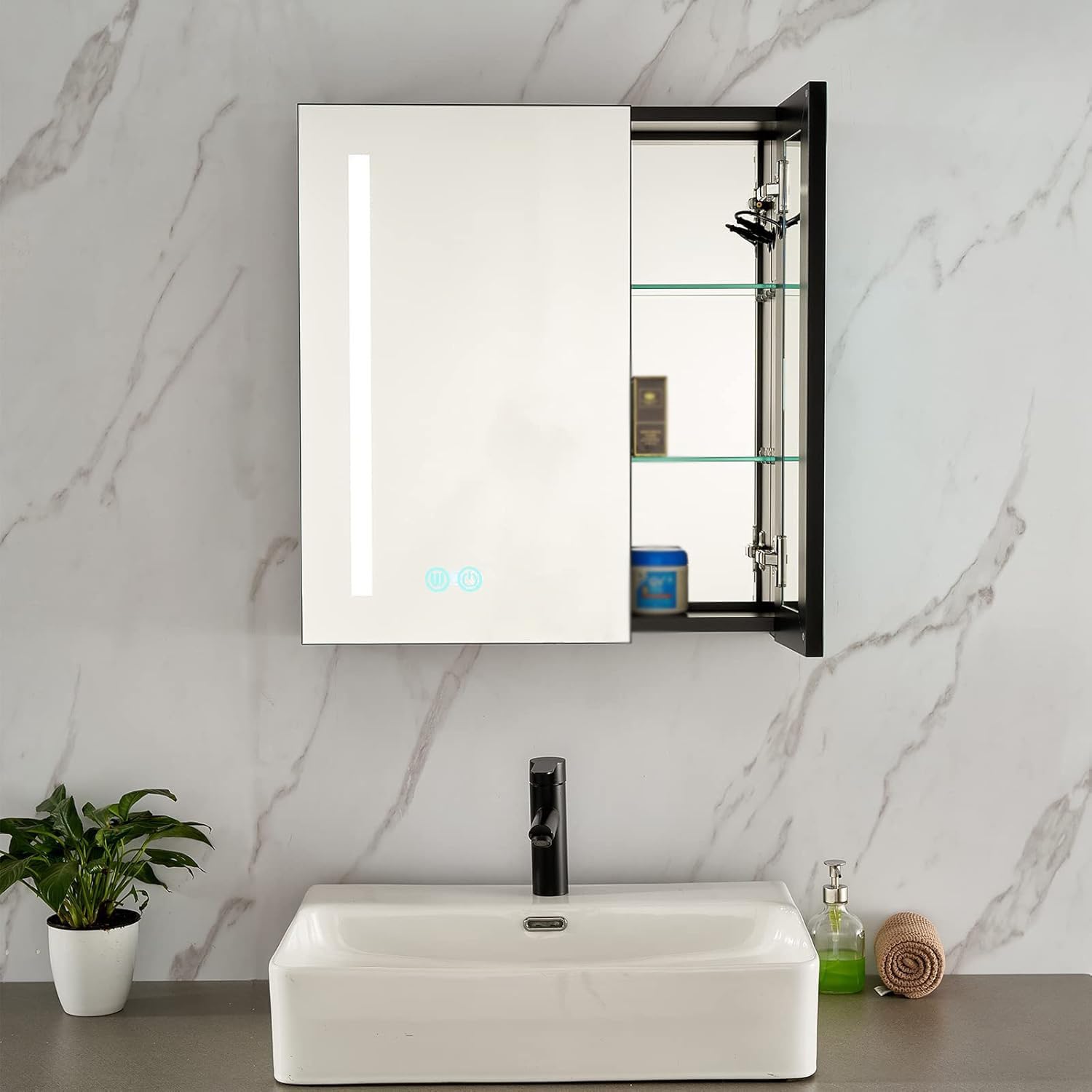 BKSXSOP Medicine cabinet, bathroom mirror cabinet with light, double doors, wall mounted storage cosmetic suitable for bathroom, bedroom, cloak