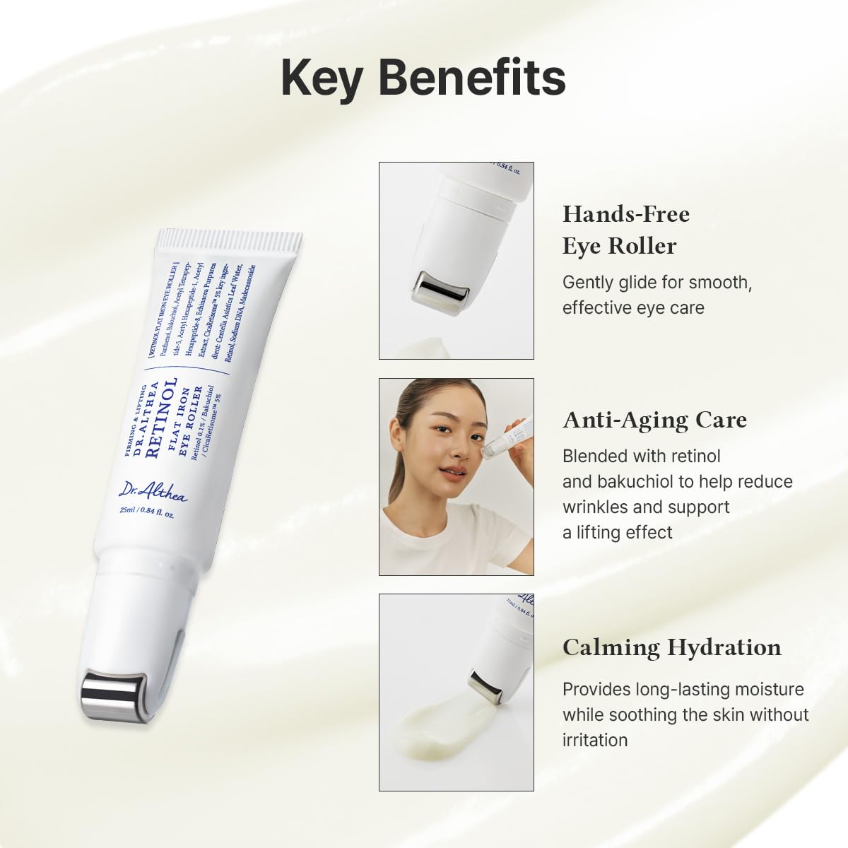 Dr.Althea Retinolo, rullo lisciante per gli occhi, siero lifting per il viso con rullo Gua Sha, cura anti-età con Madecassoside e Centella e acido ialuronico, cura della pelle vegana coreana, 25 ml