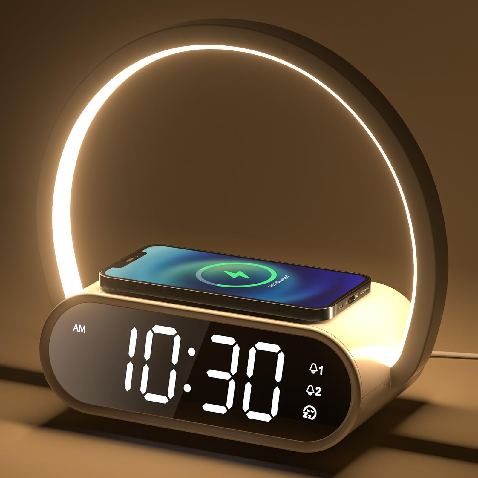 Despertador con Luz Nocturna Regulable 4 Niveles (Leer o Dormir) y 2 Alarmas, Carga Inalámbrica para iPhone/Samsung, Puerto USB, Reloj 3 en 1 para Adultos, Habitación, Oficina o Niños