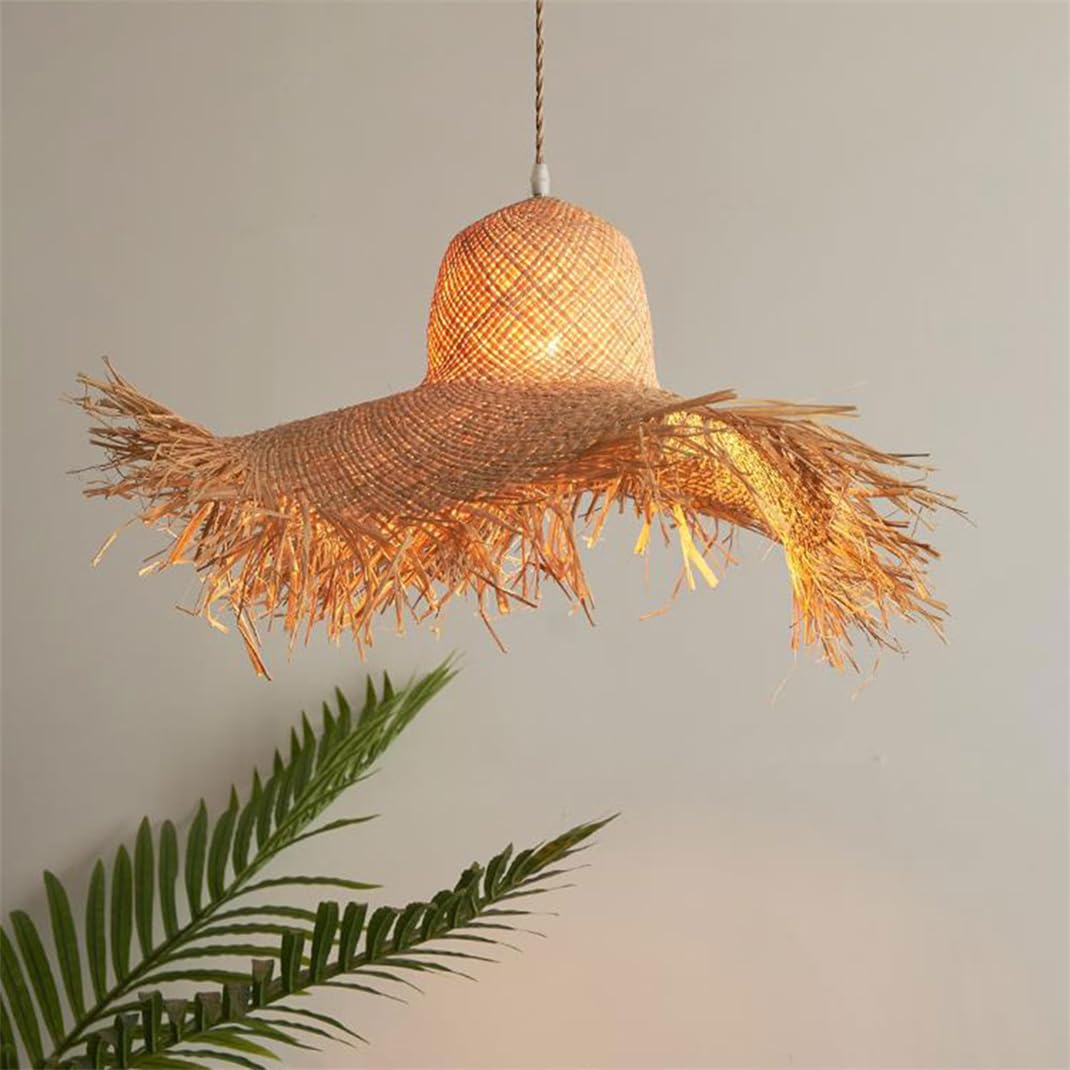 LYMSXAZOU 1 Light Rattan Chandelier Large Boho Hat Design Hanging Pendant Straw Weaving Ceiling Lighting Fixture for Bedroom Country Corridor Lamp Height Adjustable Creative