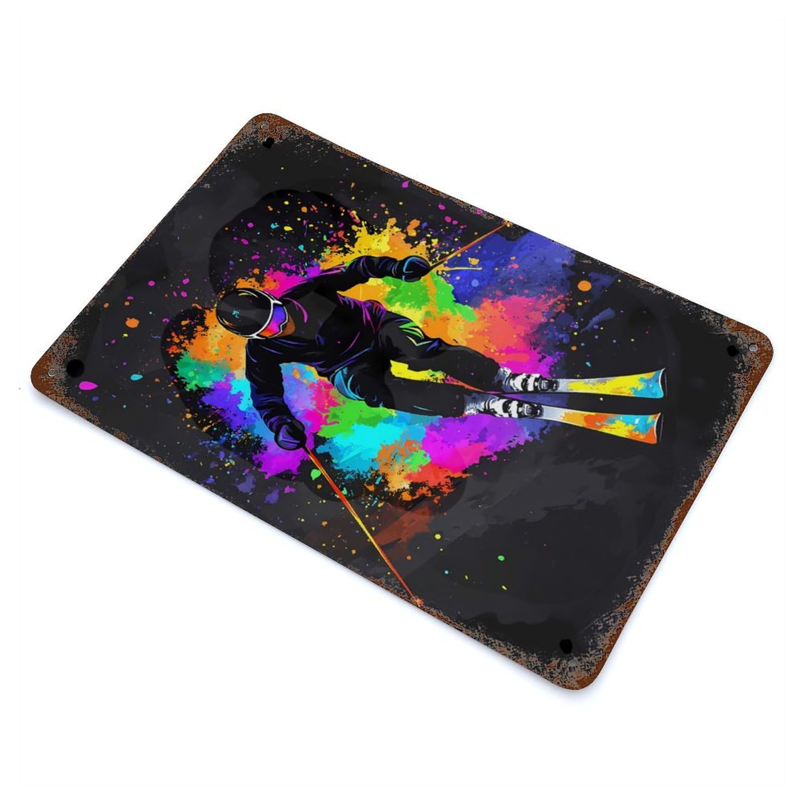 Garage Style Skier in Colorful Splash Vintage Rust Metal Sign 11.8"x7.9", Industrial Home Decor for Bar And Workshop