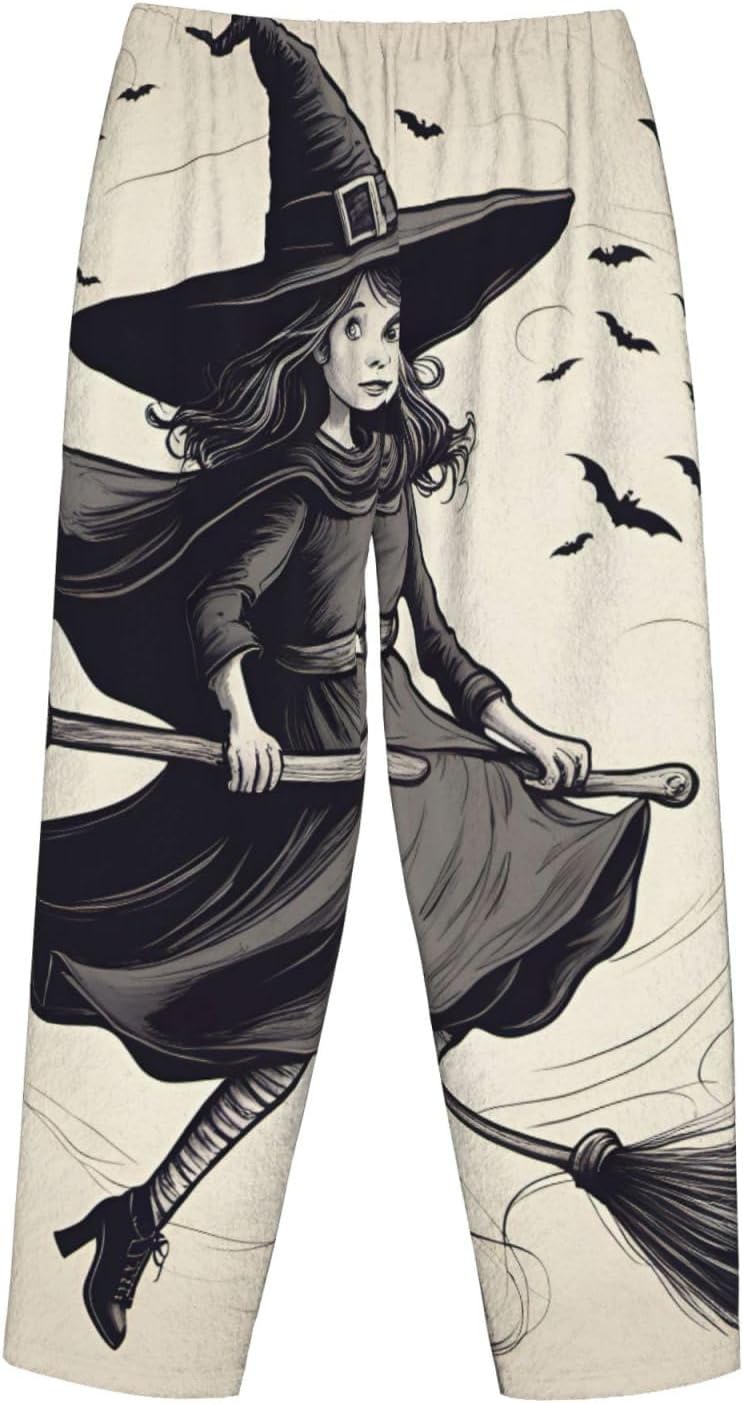 Halloween Witch Flying Print Women'S Flannel Pajama Pants,Soft Warm Pajama Bottoms,Perfect For Holiday Lounging