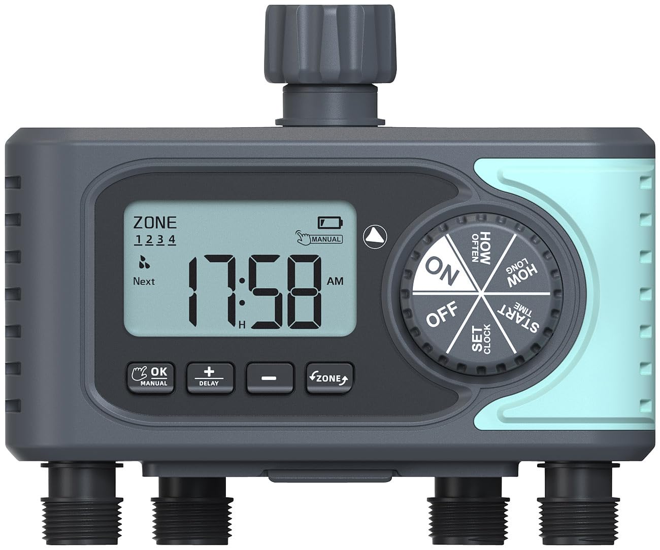 Royal Gardineer Garten-Wassercomputer: Digitaler Bewässerungscomputer mit Display, 4 Zonen, programmierbar (Gartenbewässerung Computer, Schlauch-Ventile elektrisch, Automat)