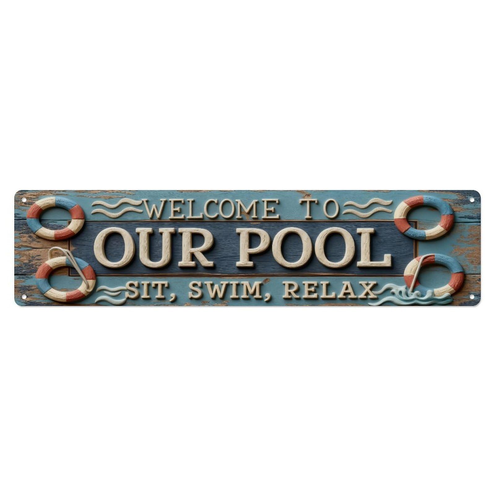 Welcome To Our Pool Sit Swim Relax Tin Sign Vintage Metal Sign Home Bar Garden Indoor & Outdoor Wall Decor Retro Metal Poster 4x16 Inch
