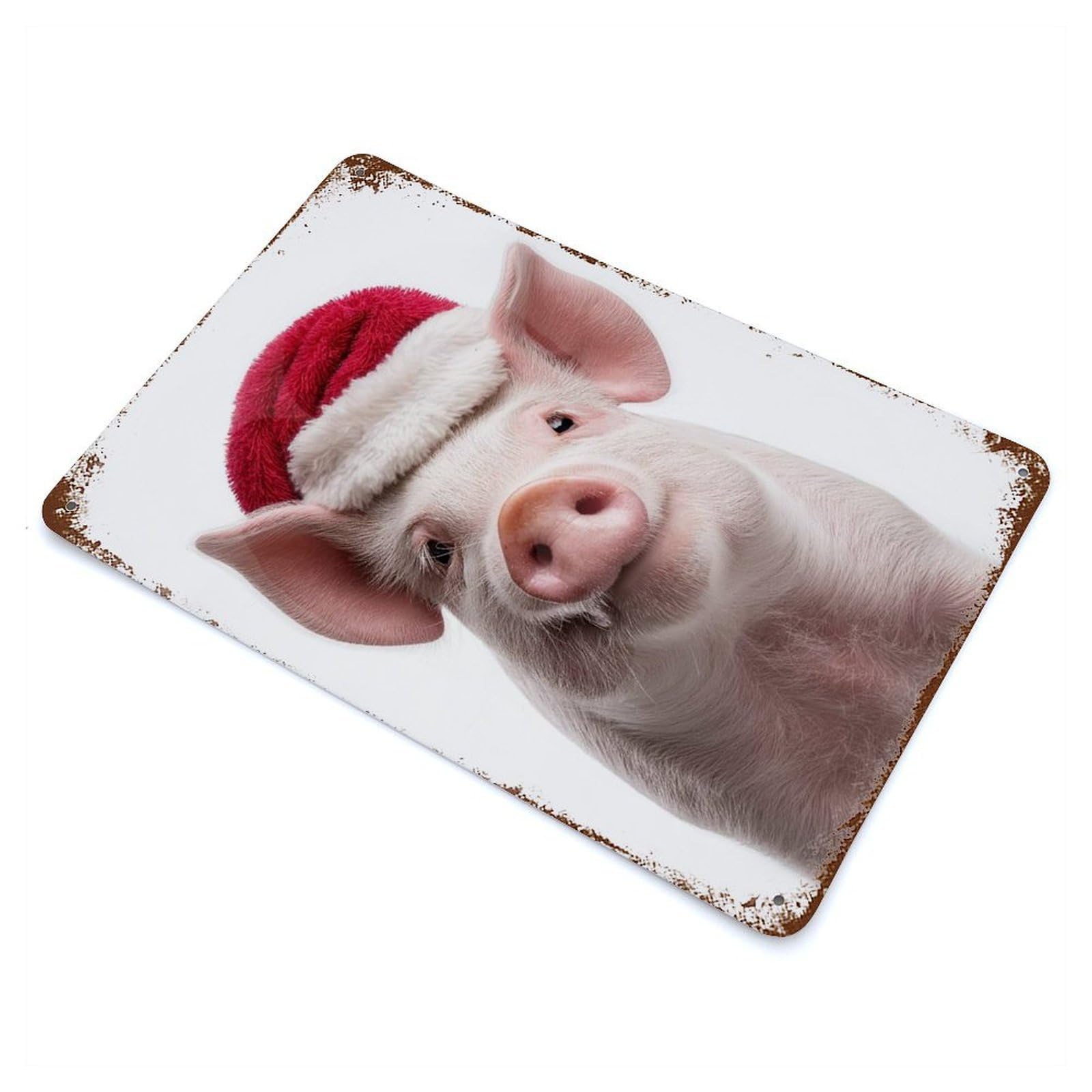Christmas Piglet Wearing Santa Hat Aged Metal Wall Plaque 11.8"x7.9", for Shed, Workshop And Garage Wall Decor, Old School Wall Decor