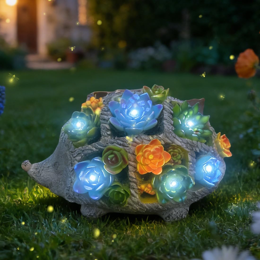 WRQIOO Solar Hedgehog Garden Ornament Outdoor, Waterproof Hedgehog Statue Garden with Succulent Plant & LED Lights for Patio, Balcony, Yard, Lawn