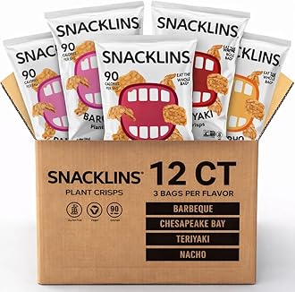 SNACKLINS Plant Based Crisps 4 Flavor Variety - Nacho, BBQ, Teriyaki, Chesapeake Bay - Gluten Free, Grain Free, 100% Kosher, Crunchy Puffed Snack Only 90 Calories Per Bag - .9oz Bag (Case of 12)