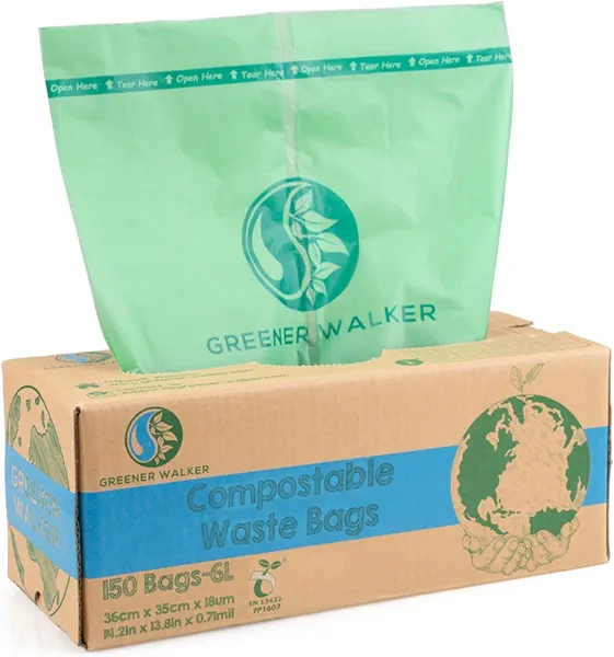 GREENER WALKER 100% Compostable Trash Bags, 1.6 Gallon-150Bags, Food Scrap Kitchen Waste Bags with EN13432 Certified