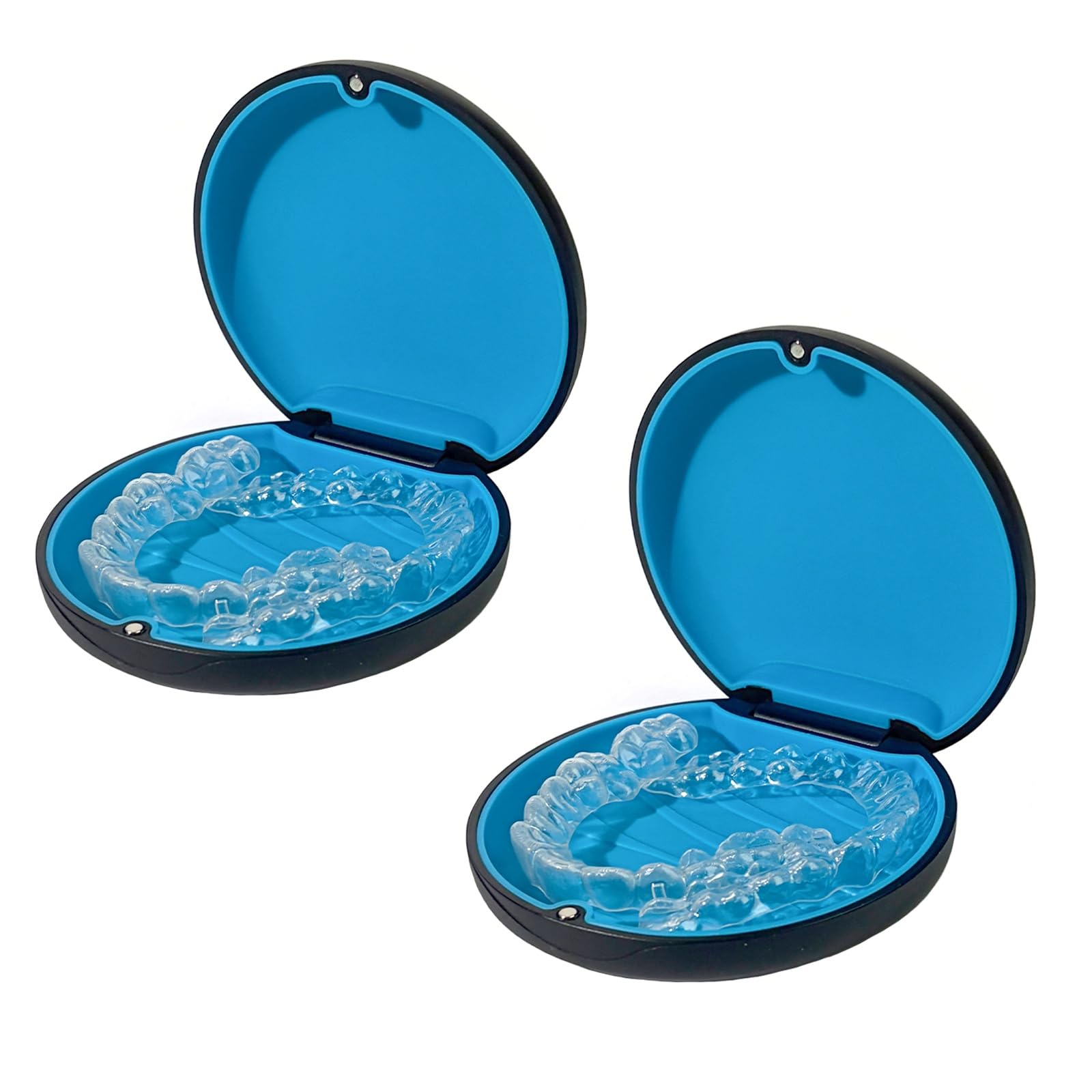 2PCS Retainer Case Compatible with Invisalign,Cute Slim Aligner Case,Customized Magnetic Closure Orthodontic Retainer Cases (2 Pack Black + Blue Silicone)