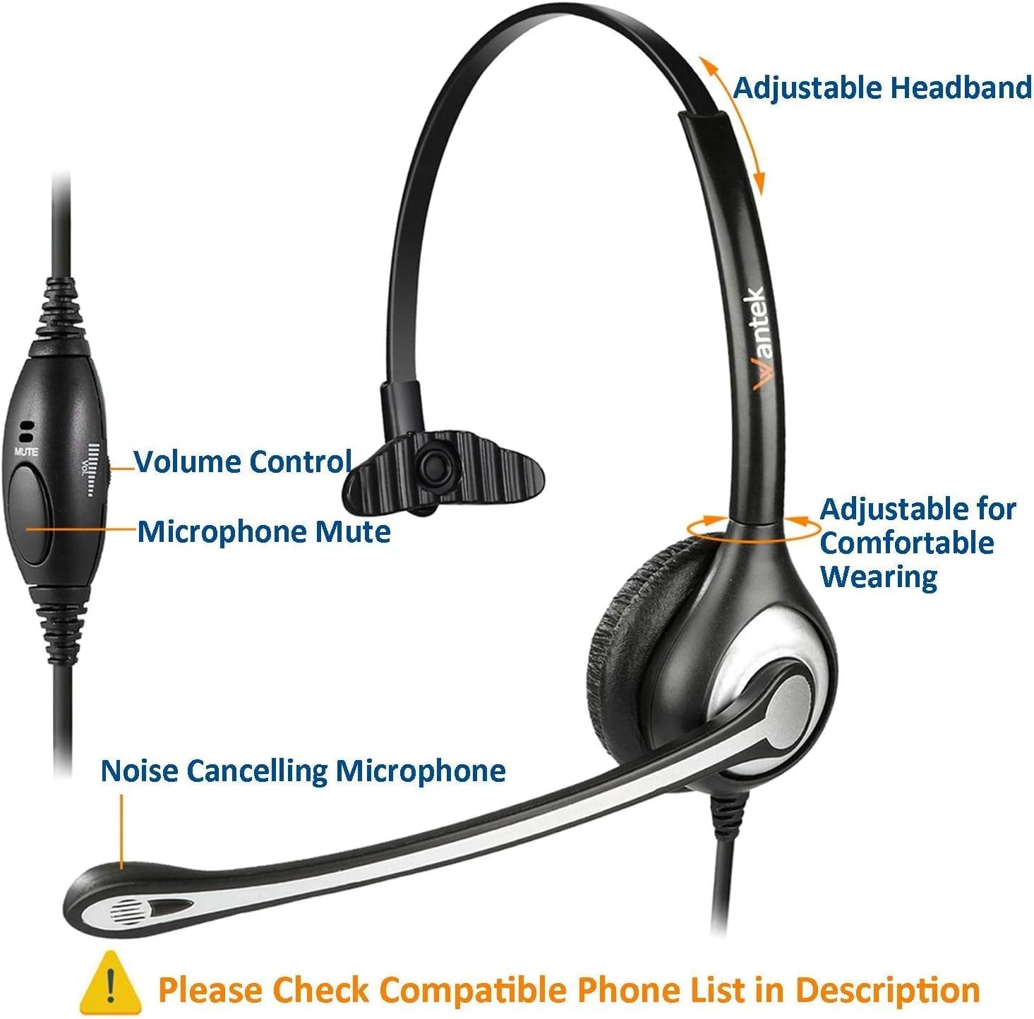 Wantek Cuffie telefoniche RJ9 monofonico con Microfono a cancellazione del Rumore