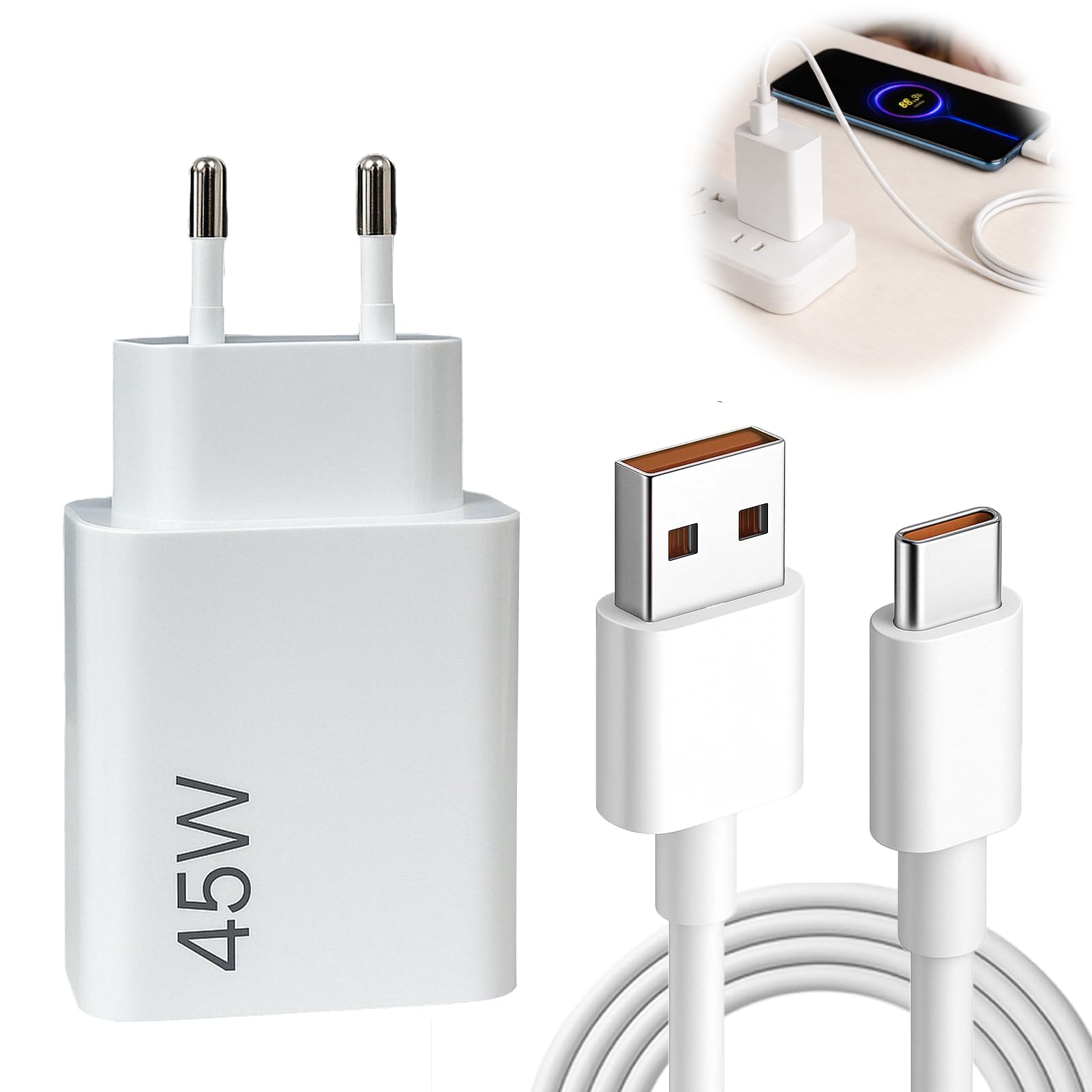 Cargador 45W para Xiaomi, Cargador Rápido con Cable USB-C 1m 6A, Adaptador de Corriente para Xiaomi 15, 14, Poco F7 Ultra, Redmi Turbo 4 Pro, Redmi Note 14, 13, 12 - Compatible Múltiples Dispositivos