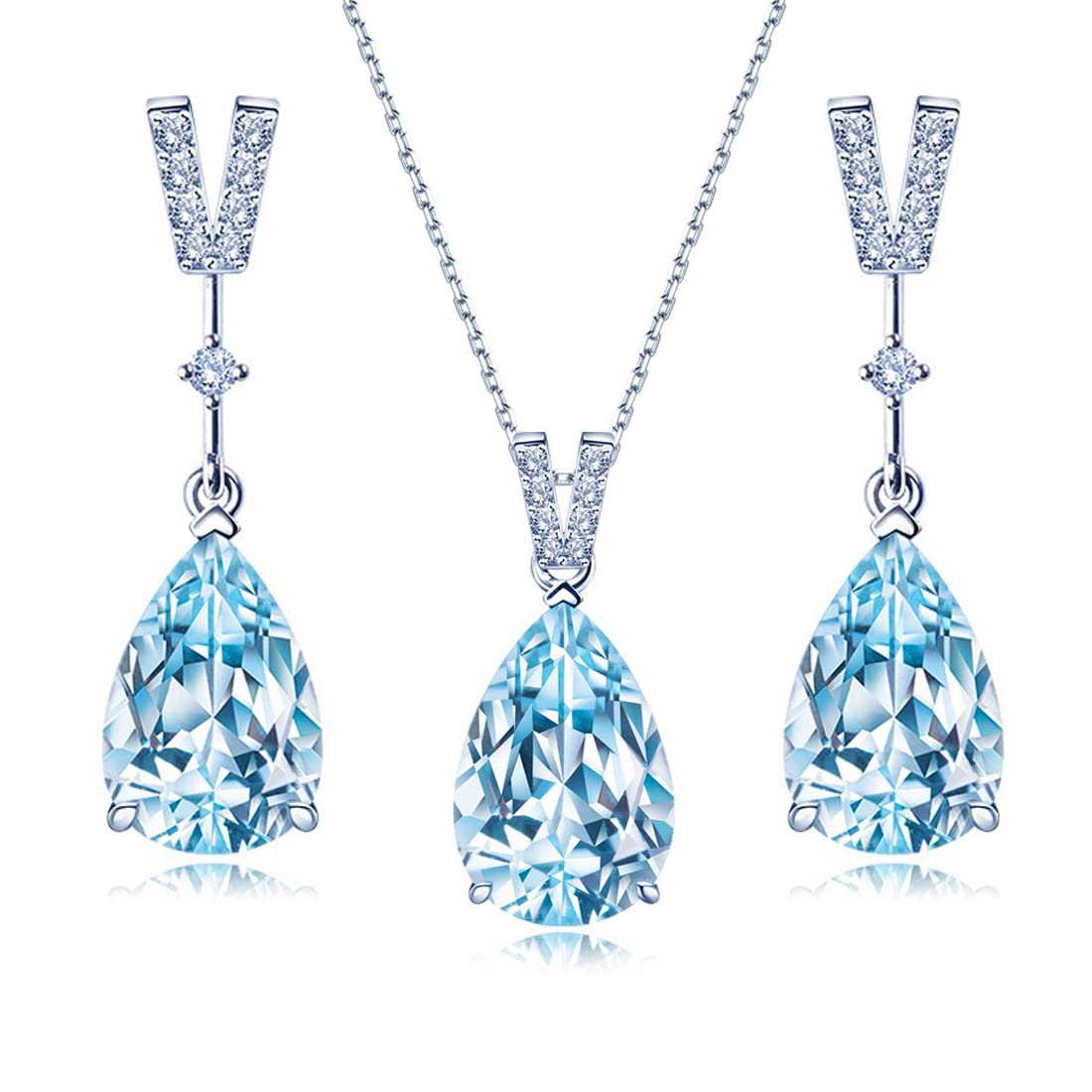 JIANGXIN 18"~20" Teardrop shape Gemstone 925 Sterling Silver Pendant Necklace Drop Earrings Jewellery Set for Women v shape