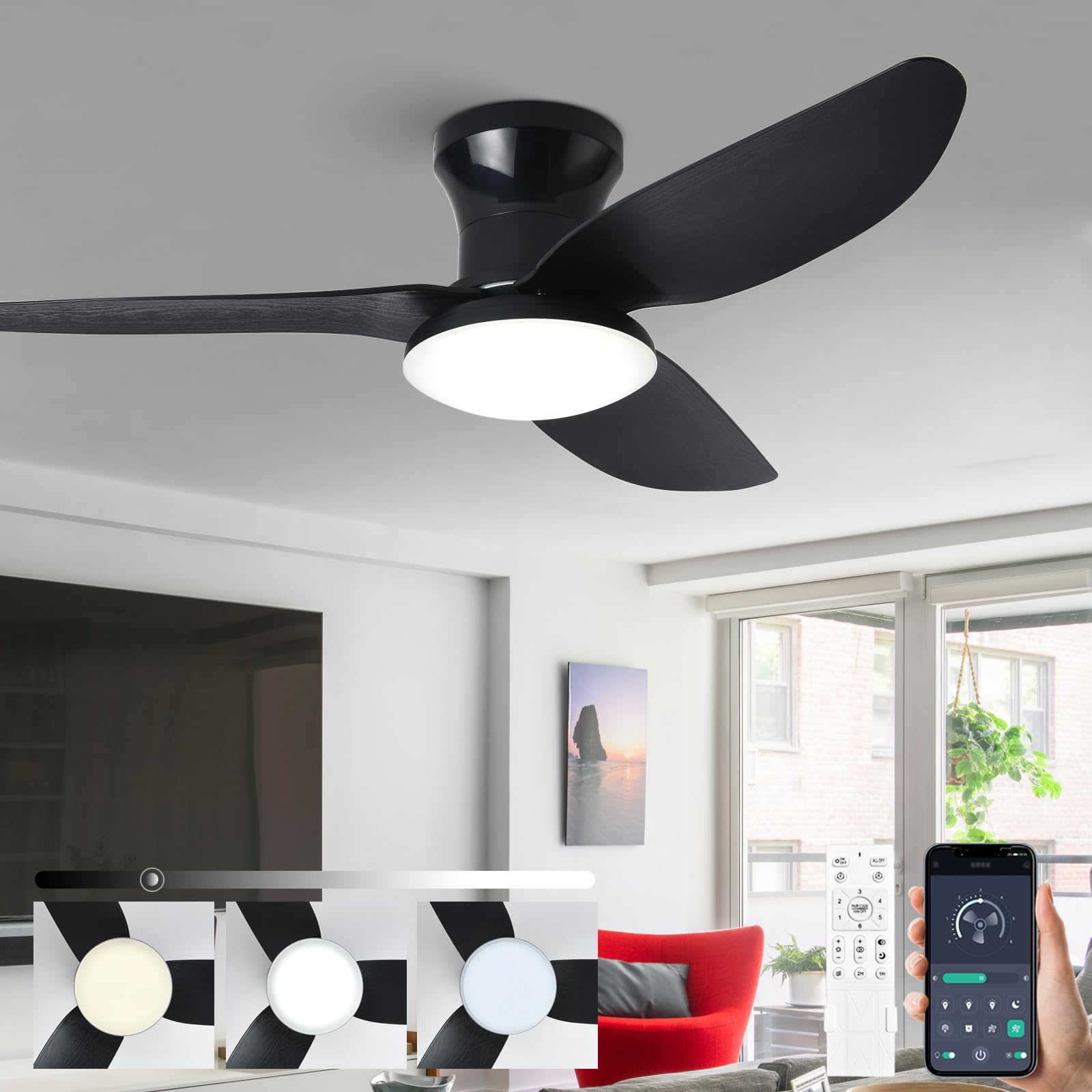 HXYSXHJUO Ceiling Fan Light Fixture with Remote Control 3 Blades Silent DC Motor Dimmable LED Chandelier for Bedroom Living Room Office Black 100CM