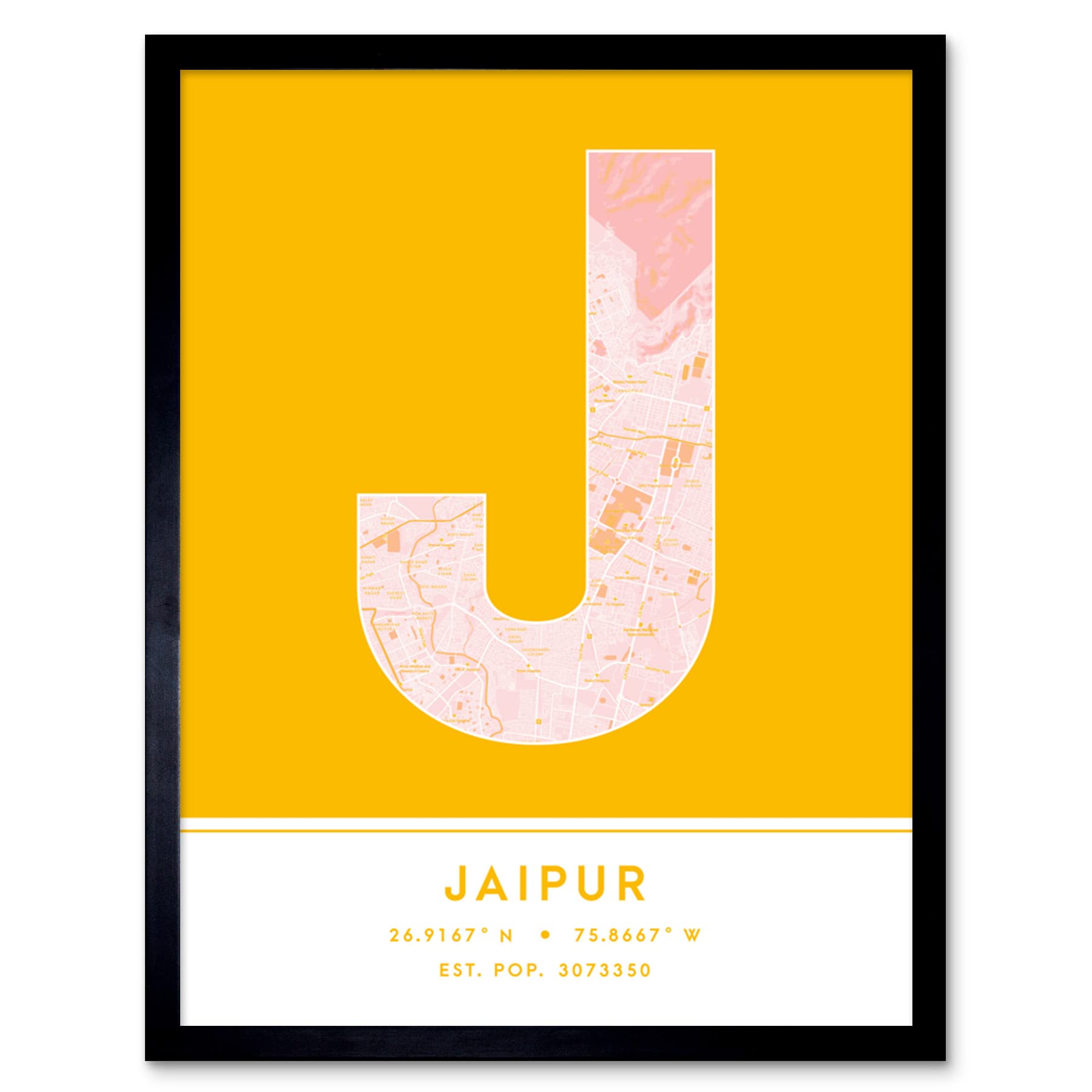 Wee Blue Coo Jaipur India City Map Yellow Colour Block Modern Typography Stylish Letter Framed Word Wall Art Print Poster for Home Décor CITYMAP1