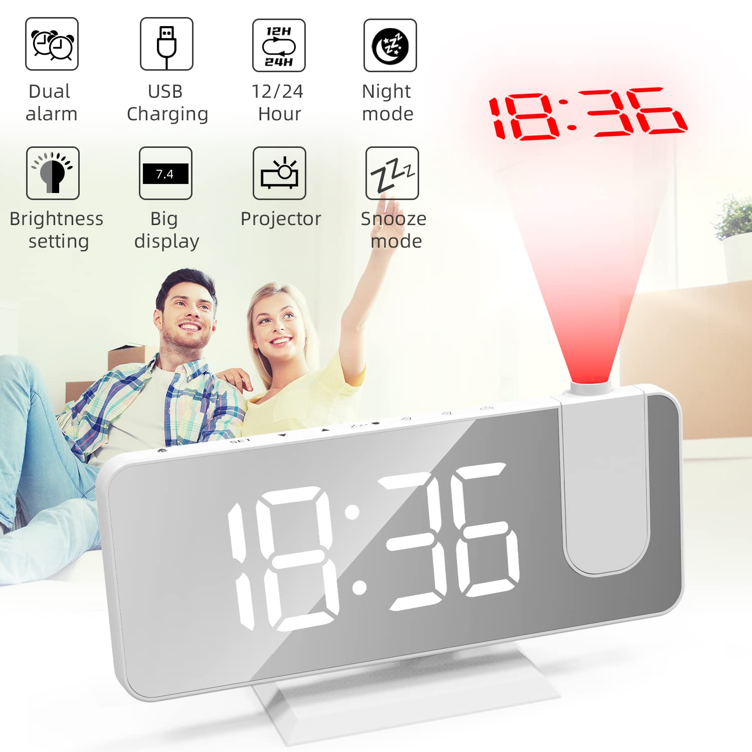 Budzik z projektorem na ścianę, podwójny alarm, drzemka, 12/24 h, port ładowania USB, LED, lustro, wyświetlacz, 4 poziomy jasności, ściemniacz, biało-biały