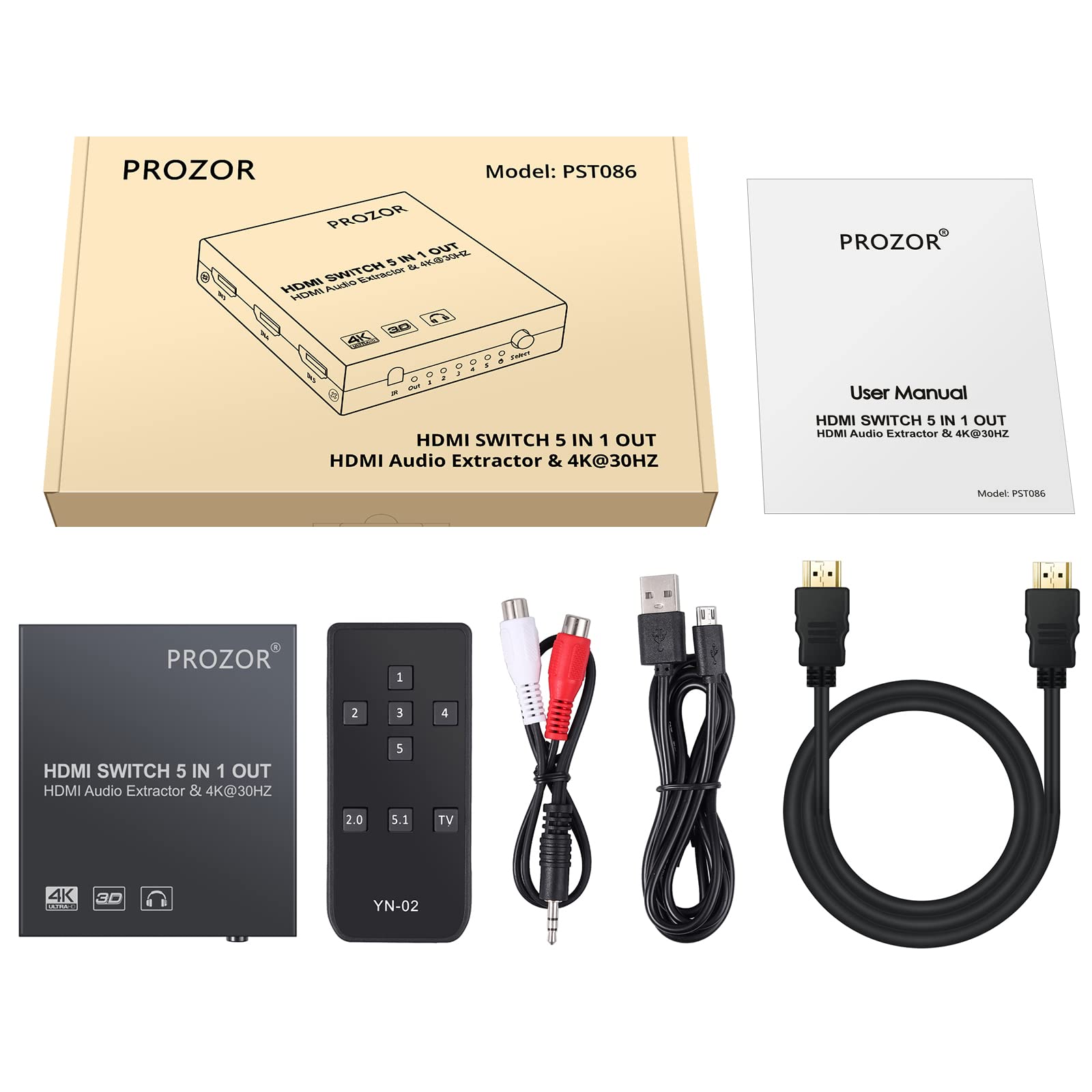 PROZOR HDMI Switch Audio Konverter 4K 3D Umschalter mit Audio Extraktor 5x1 mit IR-Fernbedienung 3 Fuß HDMI 1.4-Kabel