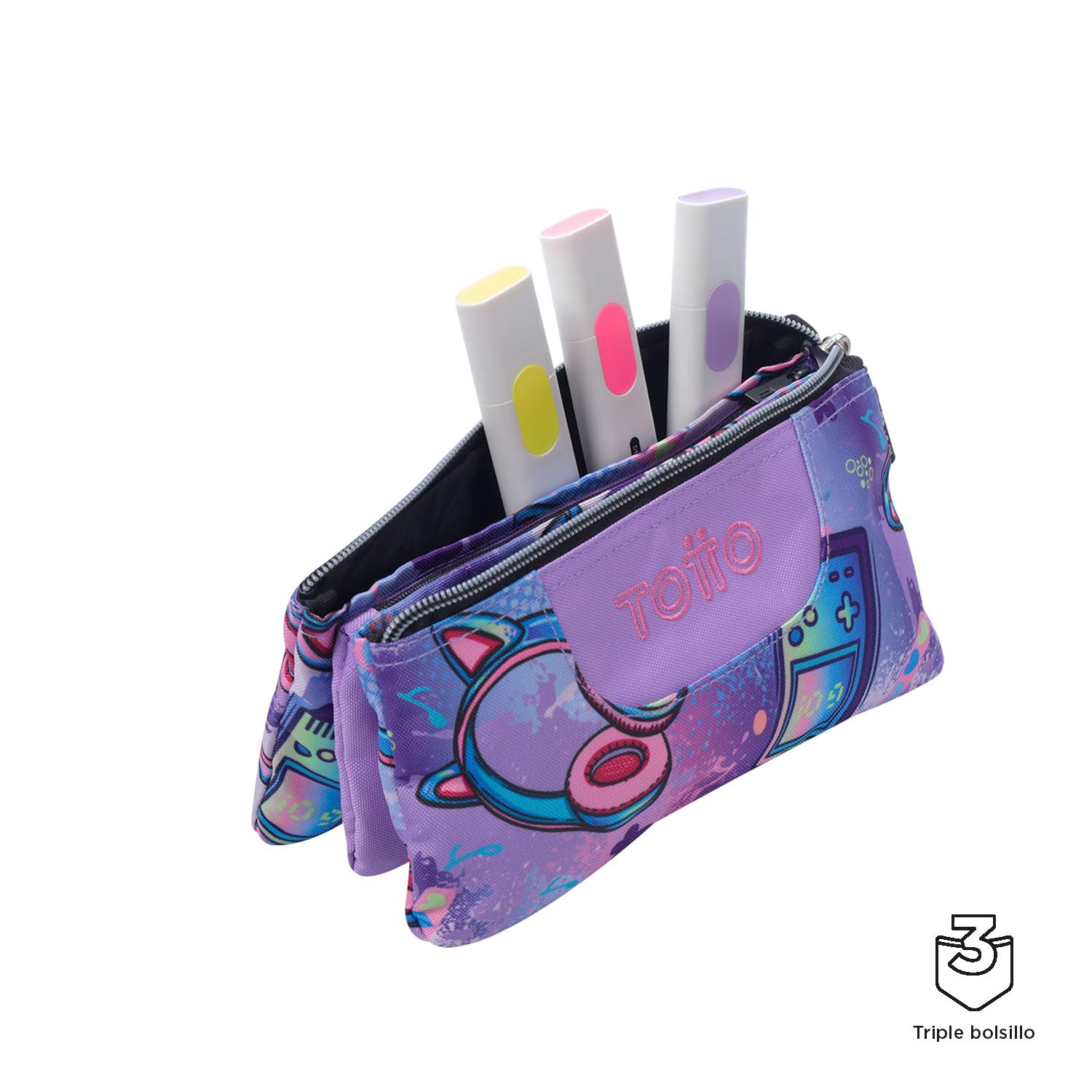 TOTTO - Estuche Escolar 3 Compartimentos, Modelo Tablero, Estuche Grande, Dimensiones 22 x 11 x 3.5 cm, Una Cremallera, Tejido Resistente y Repelente a Líquidos, Estampado Meowsical