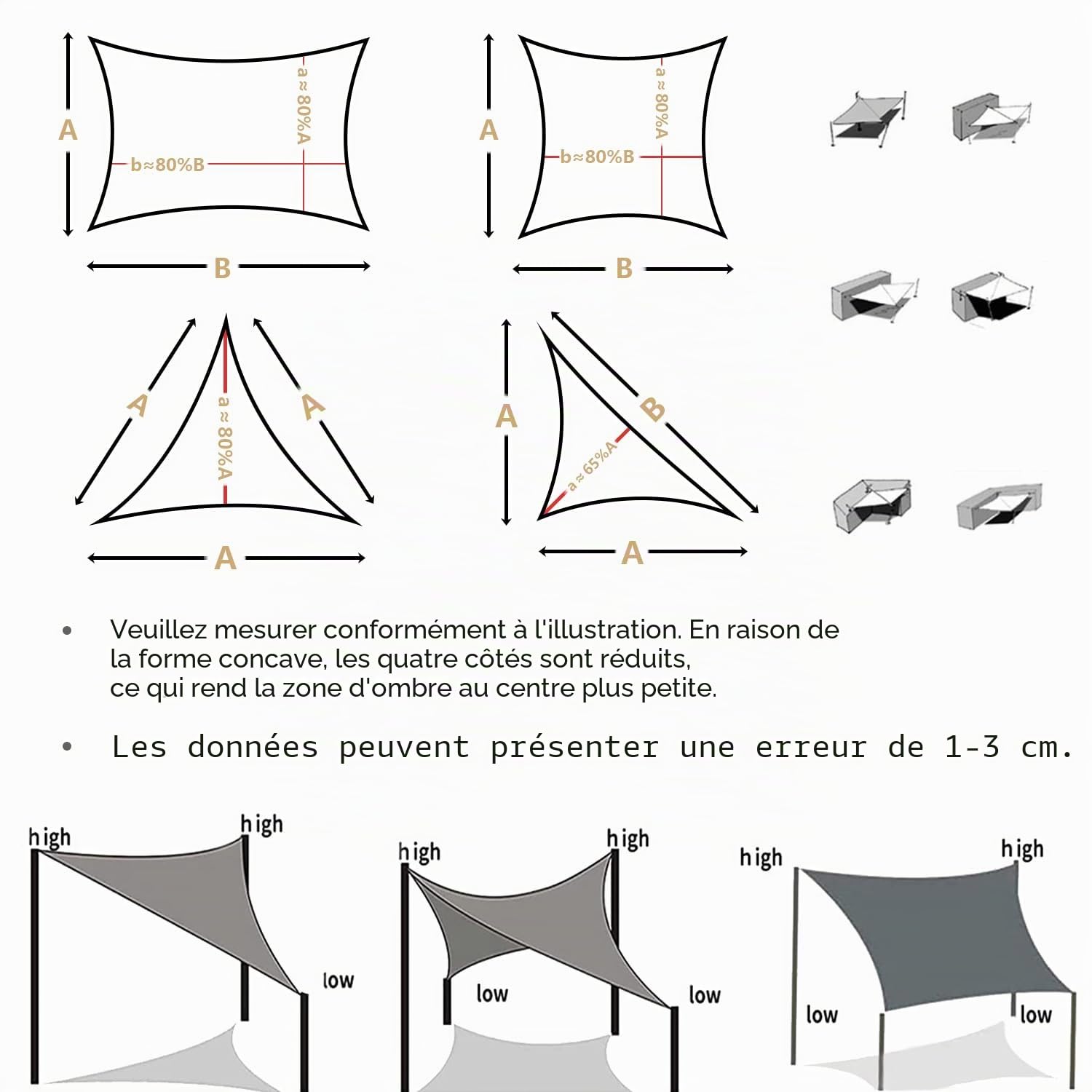 Sichtschutz Voile d'ombrage triangulaire, imperméable, 98 % de protection UV, indéchirable et résistant aux intempéries, en polyester PES, plusieurs longueurs et largeurs au choix, avec cordes de