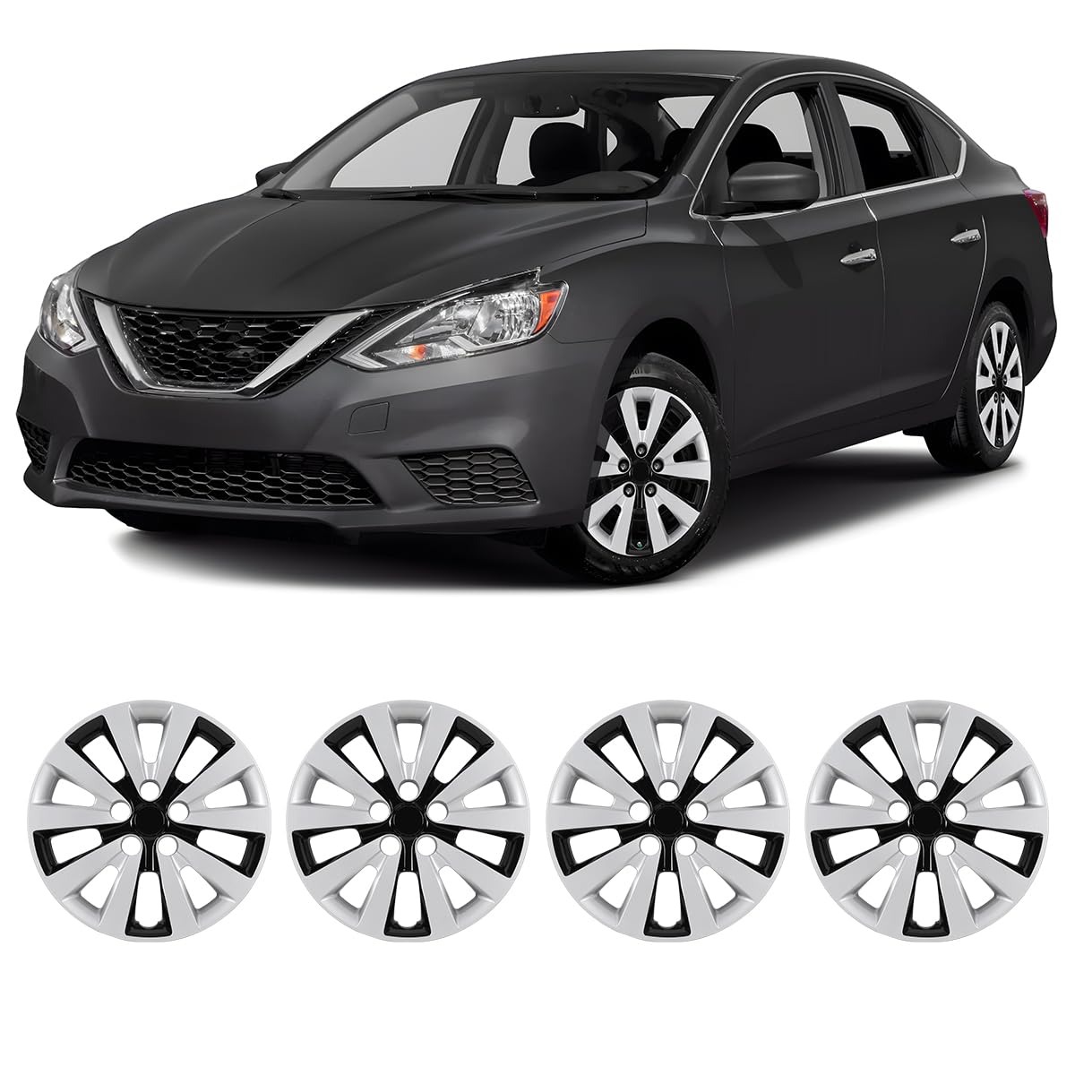 Winjet 16 inch Set of 4 Steel Wheel Hubcaps for 2013-2019 Sentra &amp; 2011-2017 Nissan Leaf Wheel Rims Cover,Snap On Installation PP Material (Silver Lacquer &amp; Black Lacquer)
