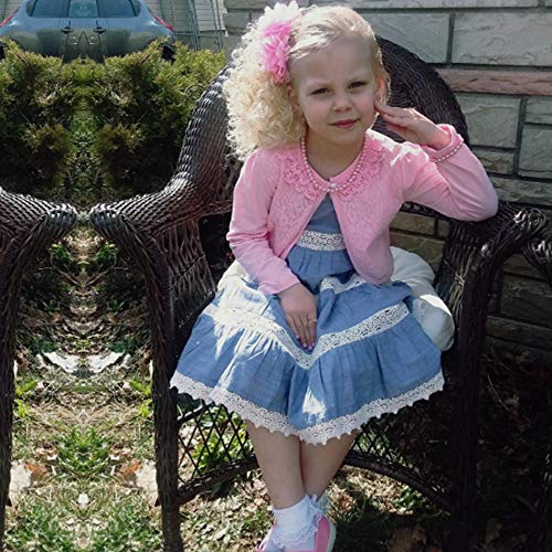 Image of Girls Long Sleeve Bolero Cardigan Shrug Beaded Lace Cotton Flower Jacket Shrug Short Cardigan Dress Cover Up (Pink, 4 /5)