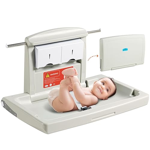Miniatura 9 de VEVOR Wall-Mounted Baby Changing Station, Horizontal Foldable Diaper Change Table with Safety Straps and Hanging Rods, Use in Commercial Bathrooms,
