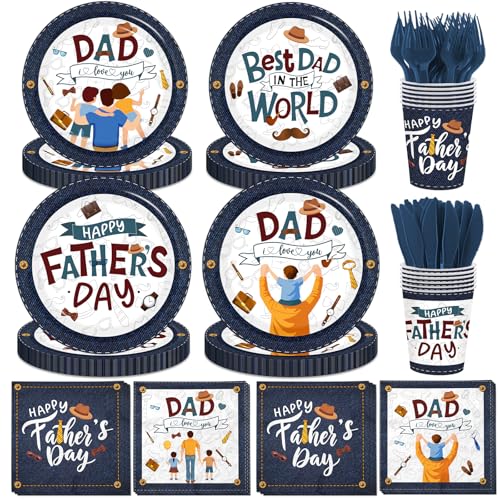 Fathers Day Plates and Napkins 144Pcs Fathers Day Decorations includes Best Dad Paper Plates Napkins Cups Fathers Day Plates and Napkins Set for Fathers Day Party Supplies Serves 24