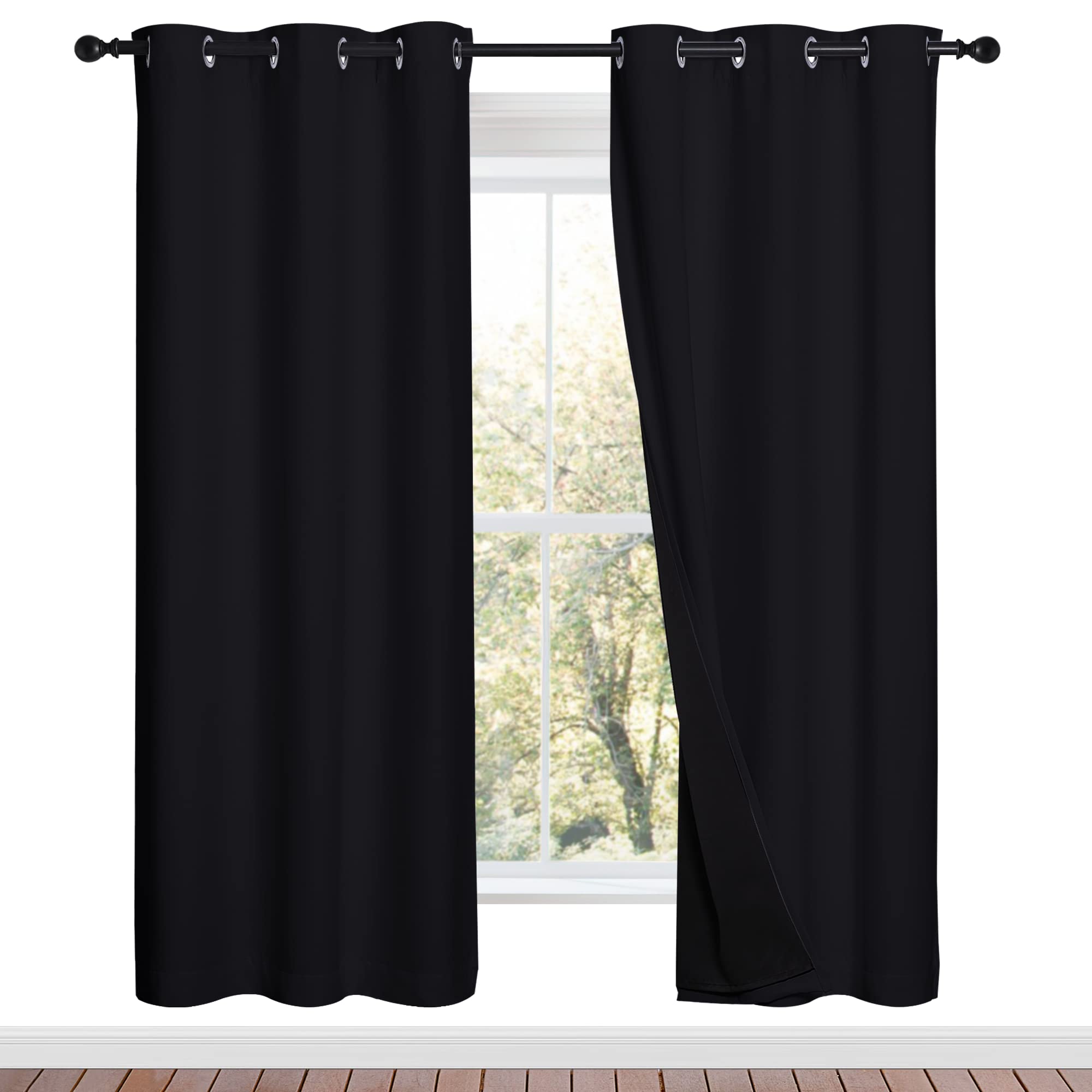 NICETOWN 100% Blackout Window Curtain Panels, Full Light Blocking Drapes with Black Liner for Nursery, 72 inches Drop Thermal Bedroom Drapes and Curtains (Black, 2 Pieces, 42 inches Wide Per Panel)