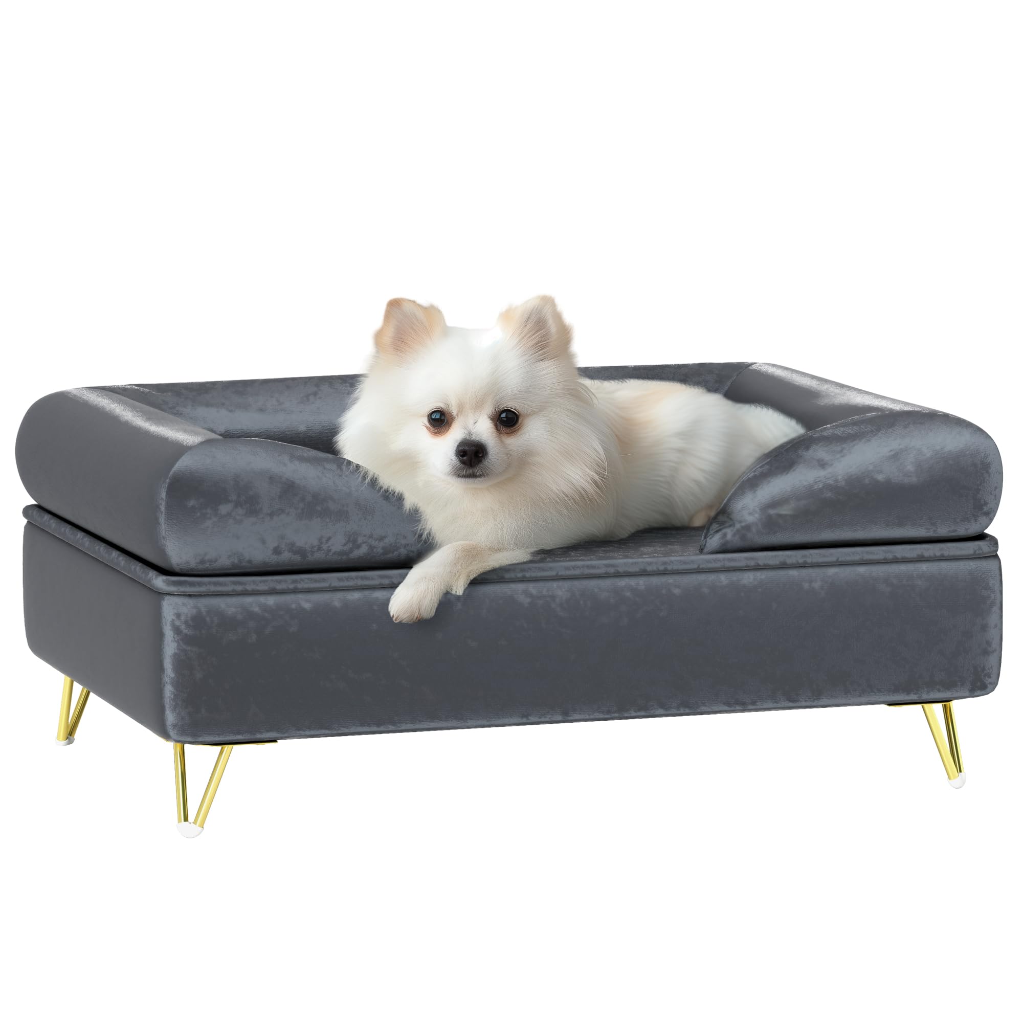 PawHut Canapé pour Chien et Chat, Pieds Métal, Velours, Housse Lavable, 76 x 53,5 x 34 cm, Gris