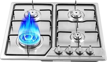 23 Inch 4 Burner Gas Stove Gas Cooktop, 110V Stainless Steel Built-in Gas Hob with Flame-out Protection, Natural Gas Cooktop for Kitchen Apartmen, Easy to Clean, Pulsed Ignition, 4 Nozzles