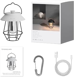 Rican White Barebones Lanterns, LED Camping Railroad Lanterns, Electric Rechargeable Retro Warm Camp Light, 3 Dimmable Control Modes, Portable Outdoor Edison Mini Lantern for Camping, Indoor, Fishing