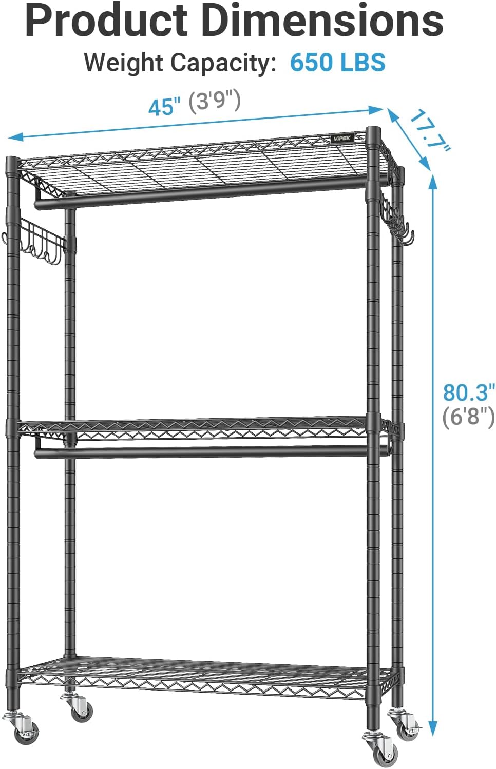 VIPEK R2 Plus Heavy Duty Rolling Garment Rack 3 Tiers Adjustable Wire Shelving Clothes Rack with Double Rods and Side Hooks, Freestanding Wardrobe Storage Rack Metal Clothing Rack, Black