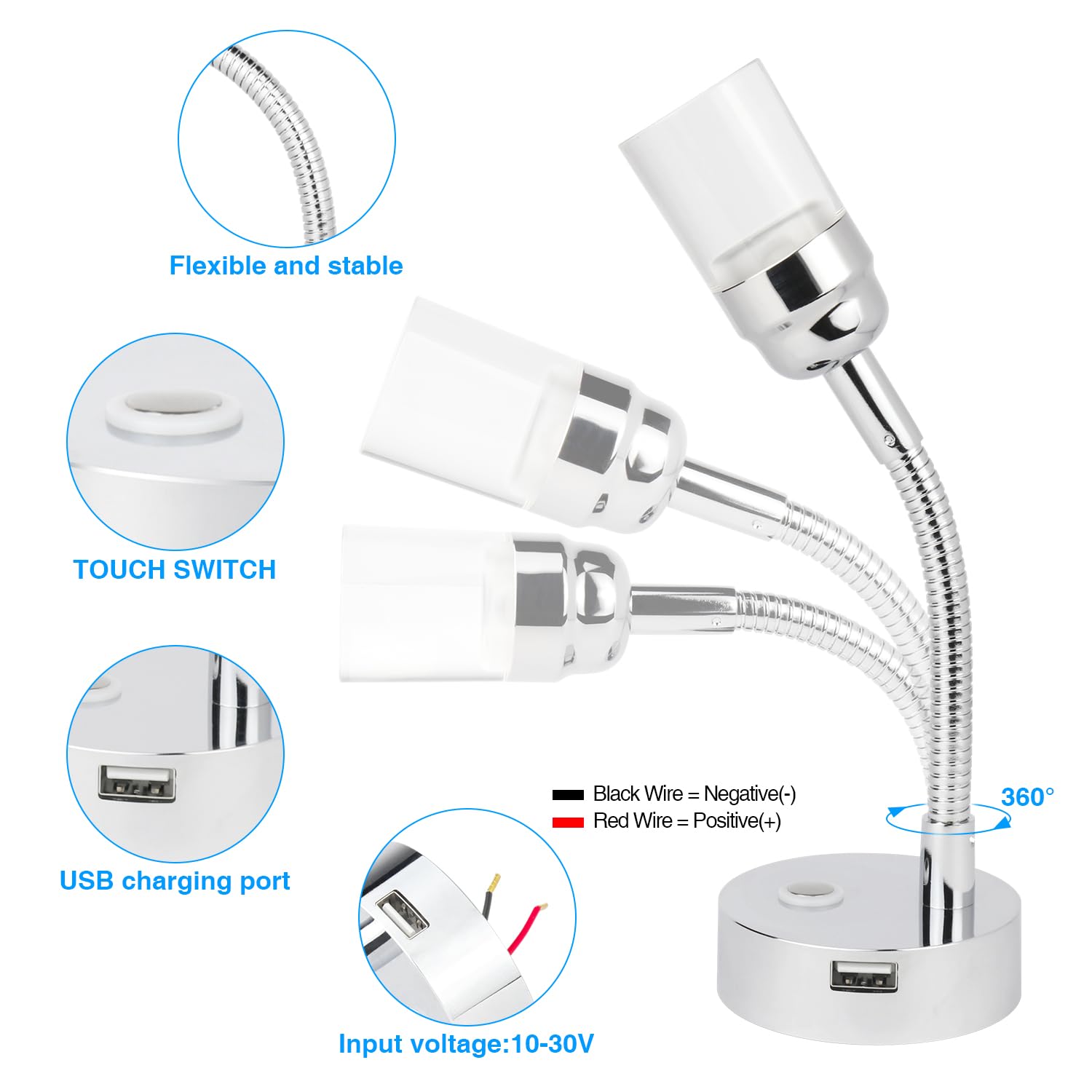 lighteu 12V/24V 2W Lampada da lettura a LED da parete a collo di cigno F3 Faretto con interruttore a pressione e porta USB Finitura cromata per barca, yacht, roulotte
