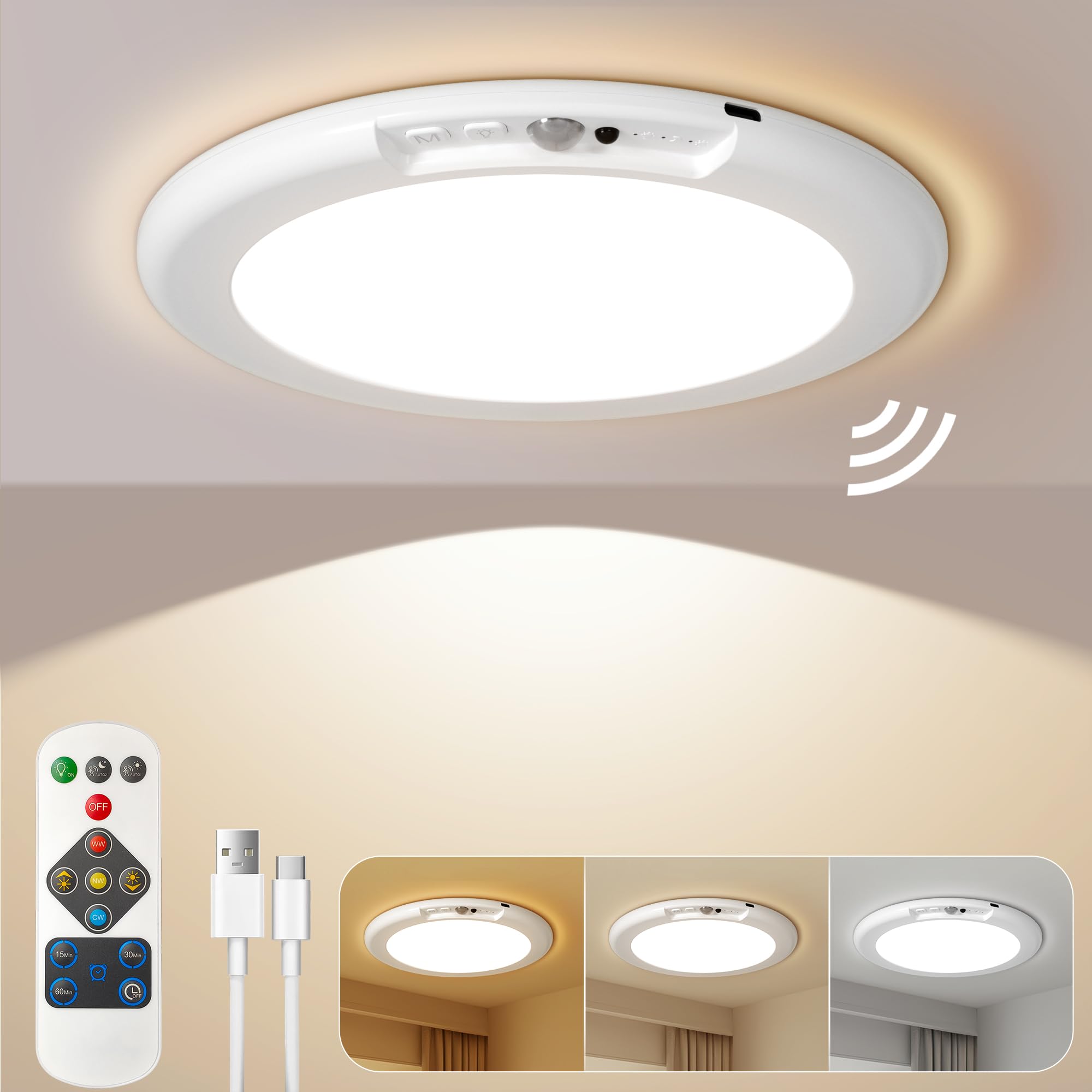 Snakoo White Rechargeable Motion Sensor Light With Remote, Battery Operated Ceiling Light, Magnetic Rechargeable Lights 3 Colors Dimmable Bathroom Ceiling Light For Closet Stair Bath Garage ﻿