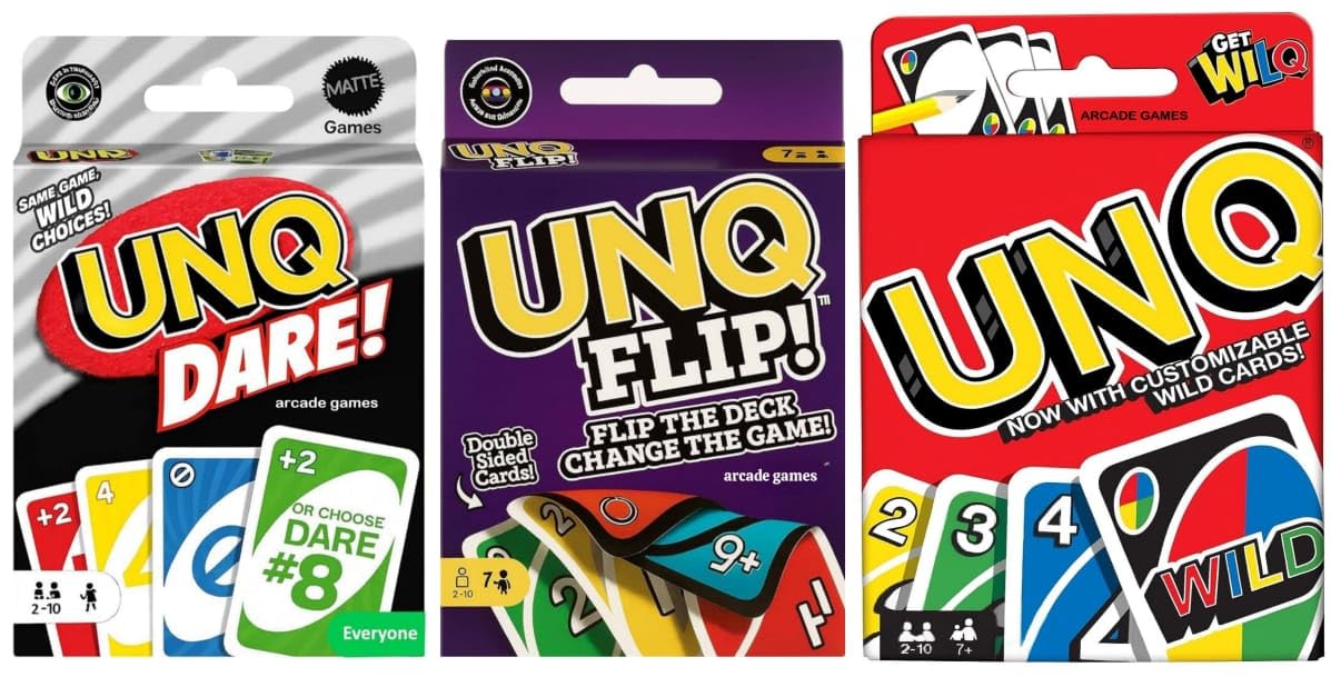 ARCADE GAMES Matte UNQ Classic, FLIP & Dare | Combo Pack of 3 | Strategy, Action & Challenge Card Games for Family, Kids & Adults | Portable & Fun for Parties, Game Nights & Travel