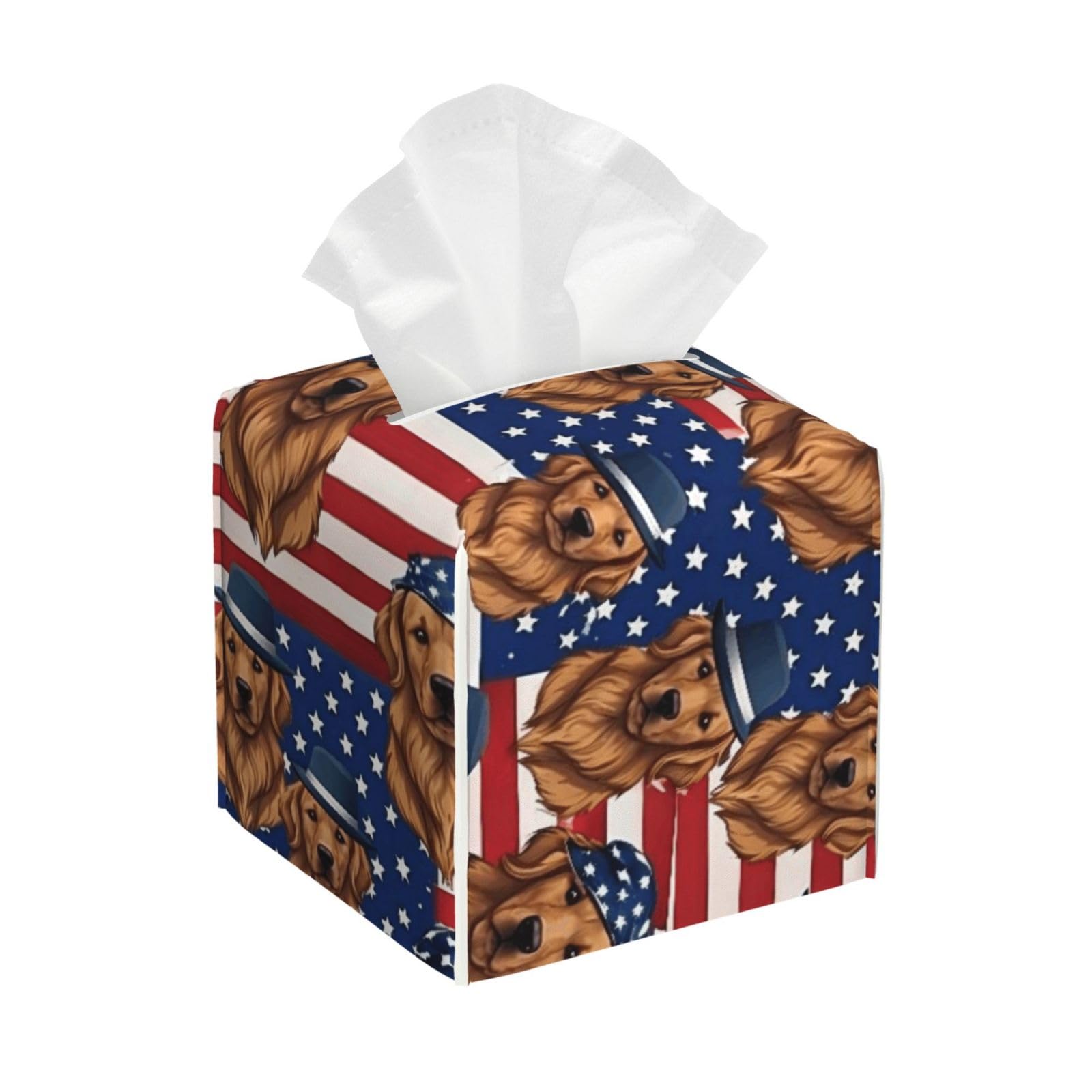 Golden Doodle American Flag Dog Leather Tissue Box Cover Holder Square Facial Paper Organizer 5.2" X 5.2" X 5.2"