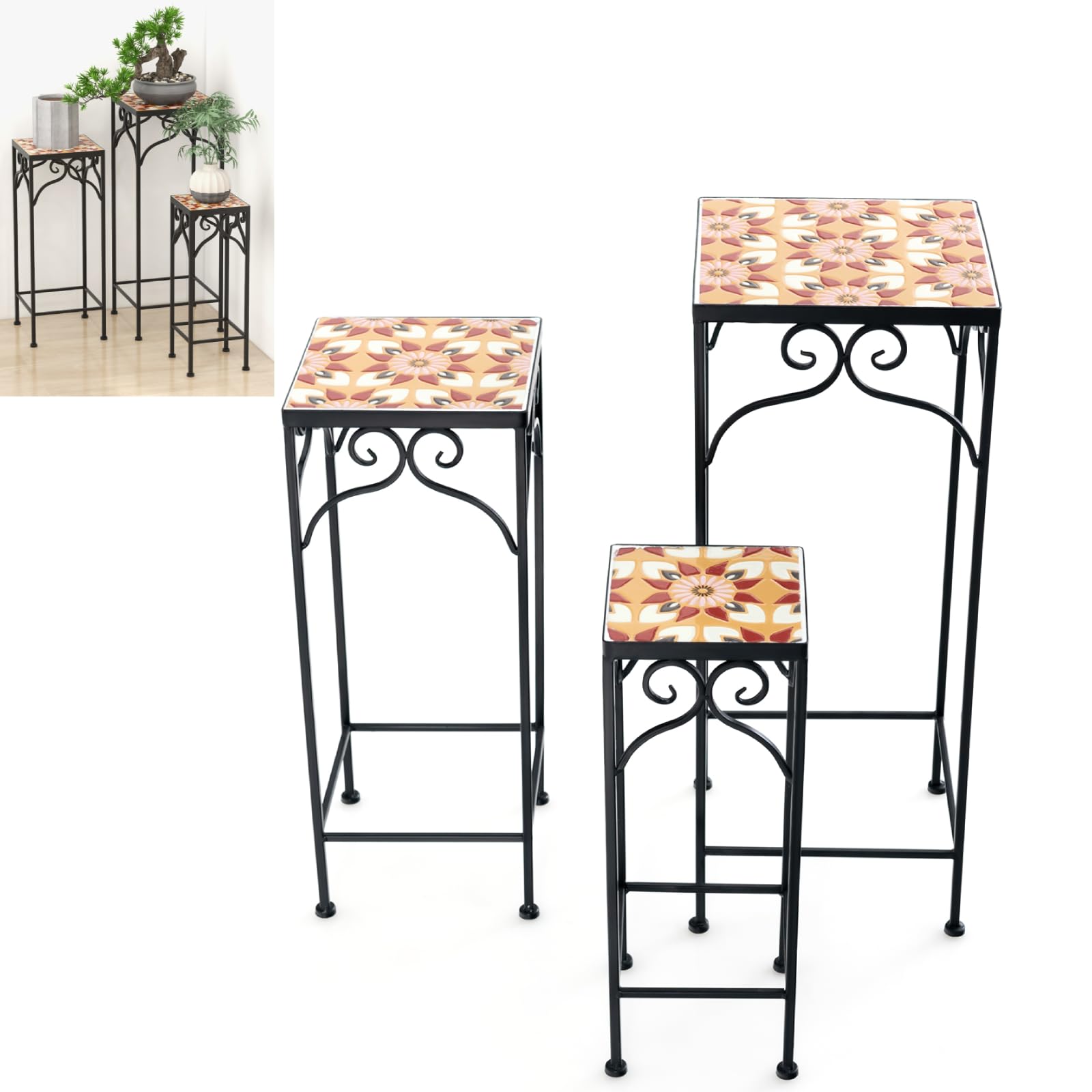 TANGZON 3PCS Mosaic Plant Stand, Metal Frame Square Flower Pots Holder with Ceramic Tile Top & Non-slip Foot Pads, Outdoor Indoor Plant Shelf Flower Display Rack for Home Garden Balcony Patio (Yellow)
